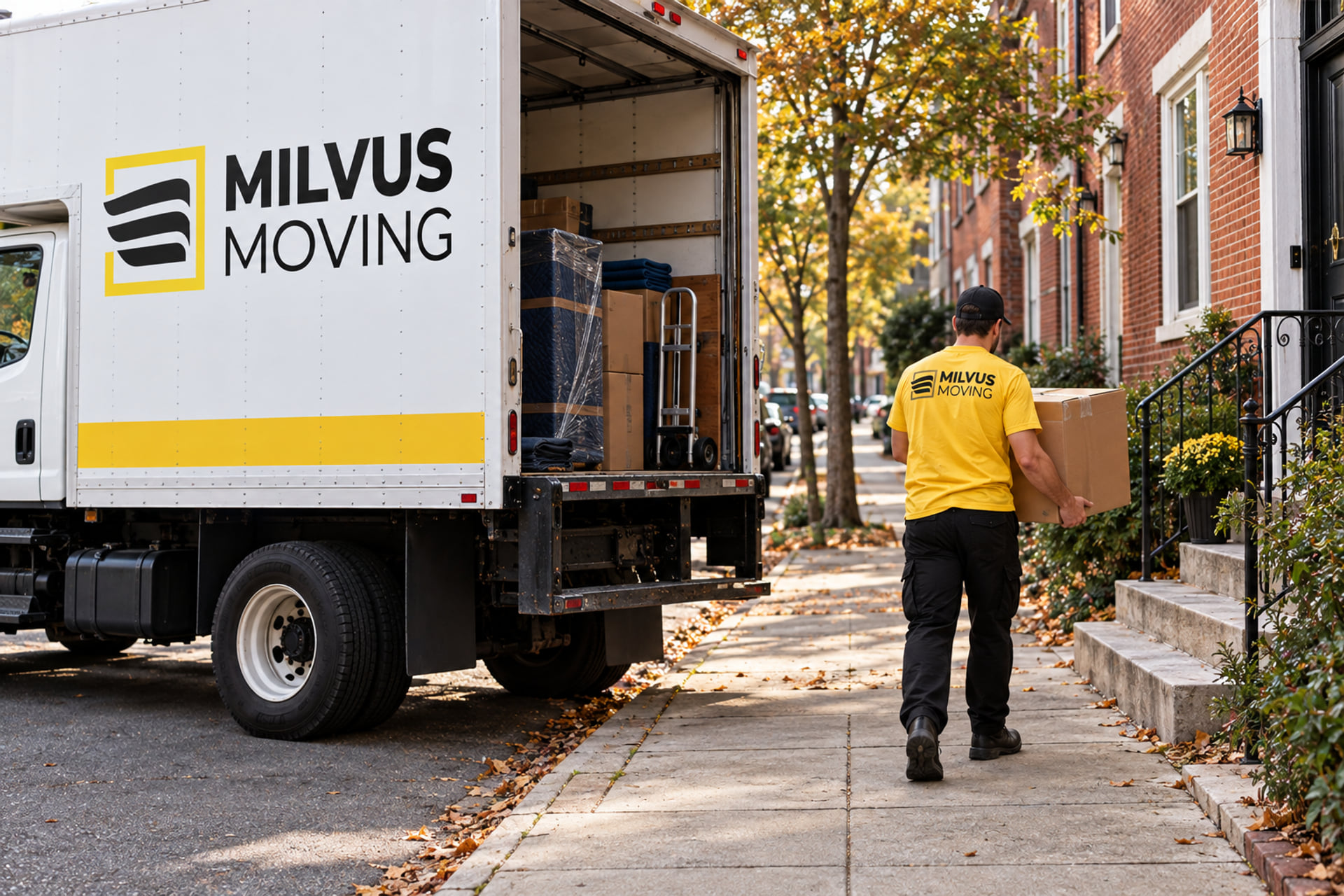 Mover carrying a carton past brick rowhouse steps beside a Milvus truck