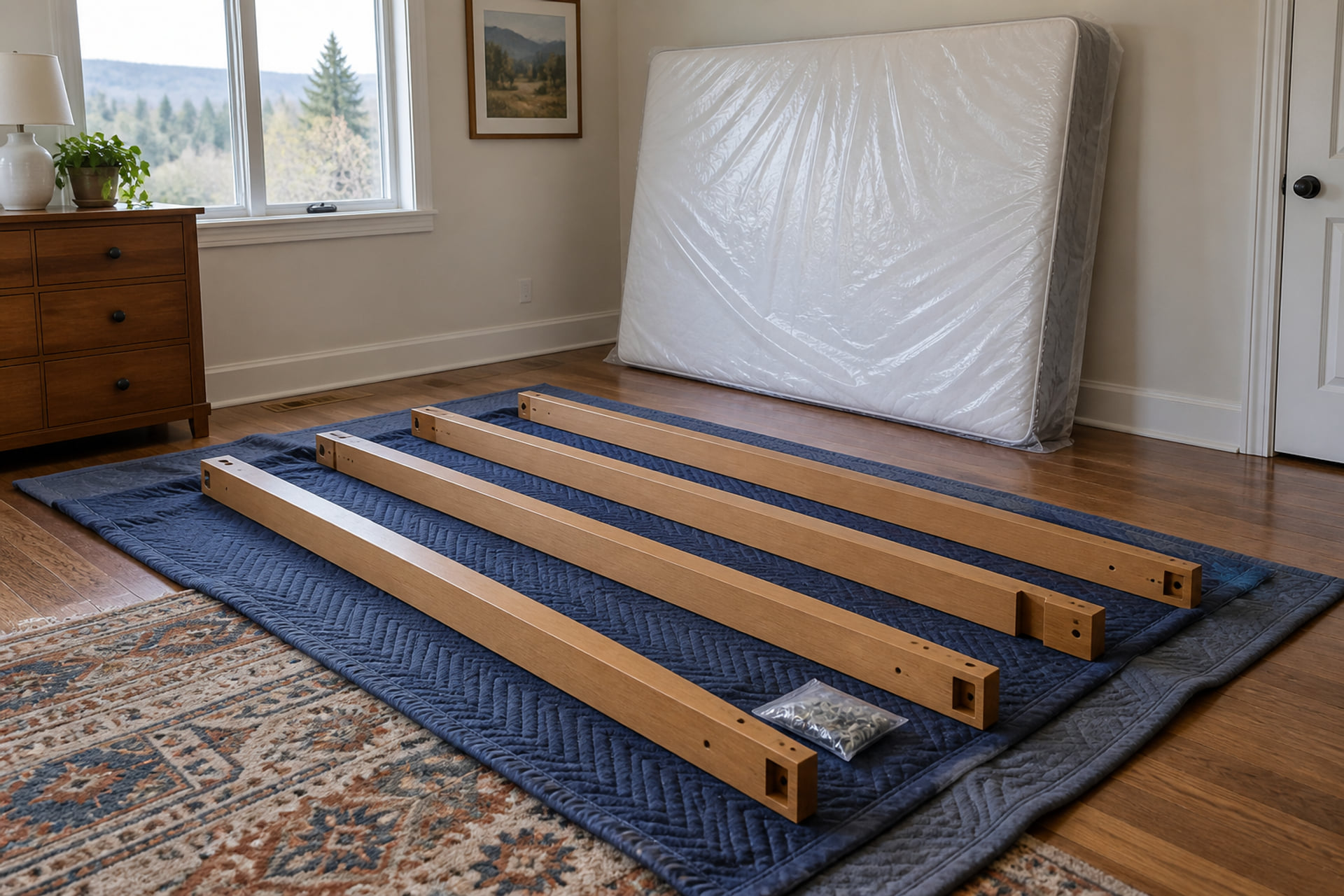 Wrapped mattress and dismantled wooden furniture parts on a moving blanket