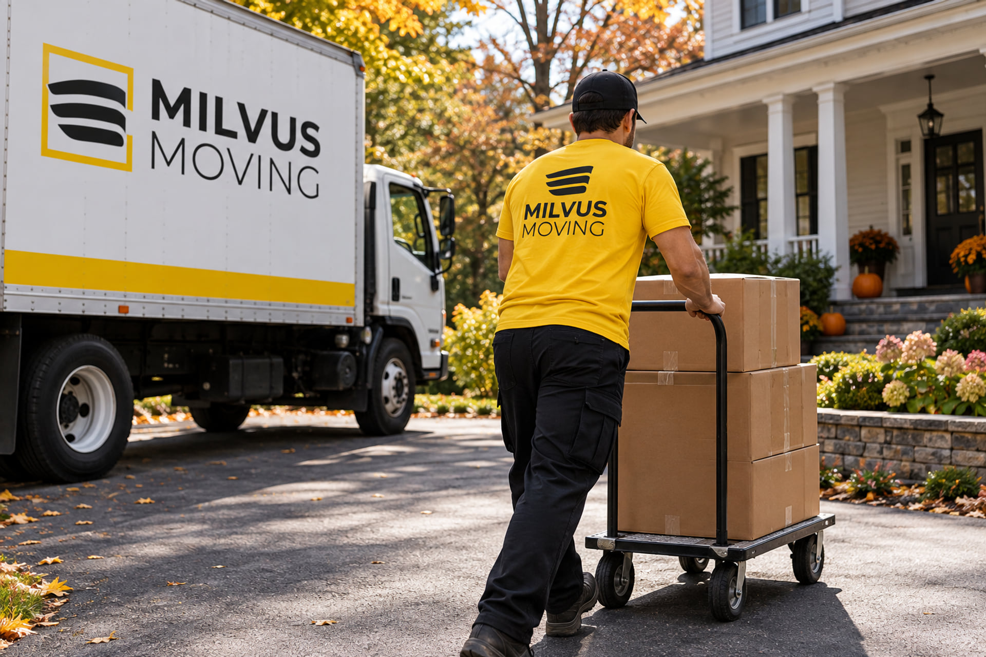 Mover wheeling cartons toward a home with autumn planting