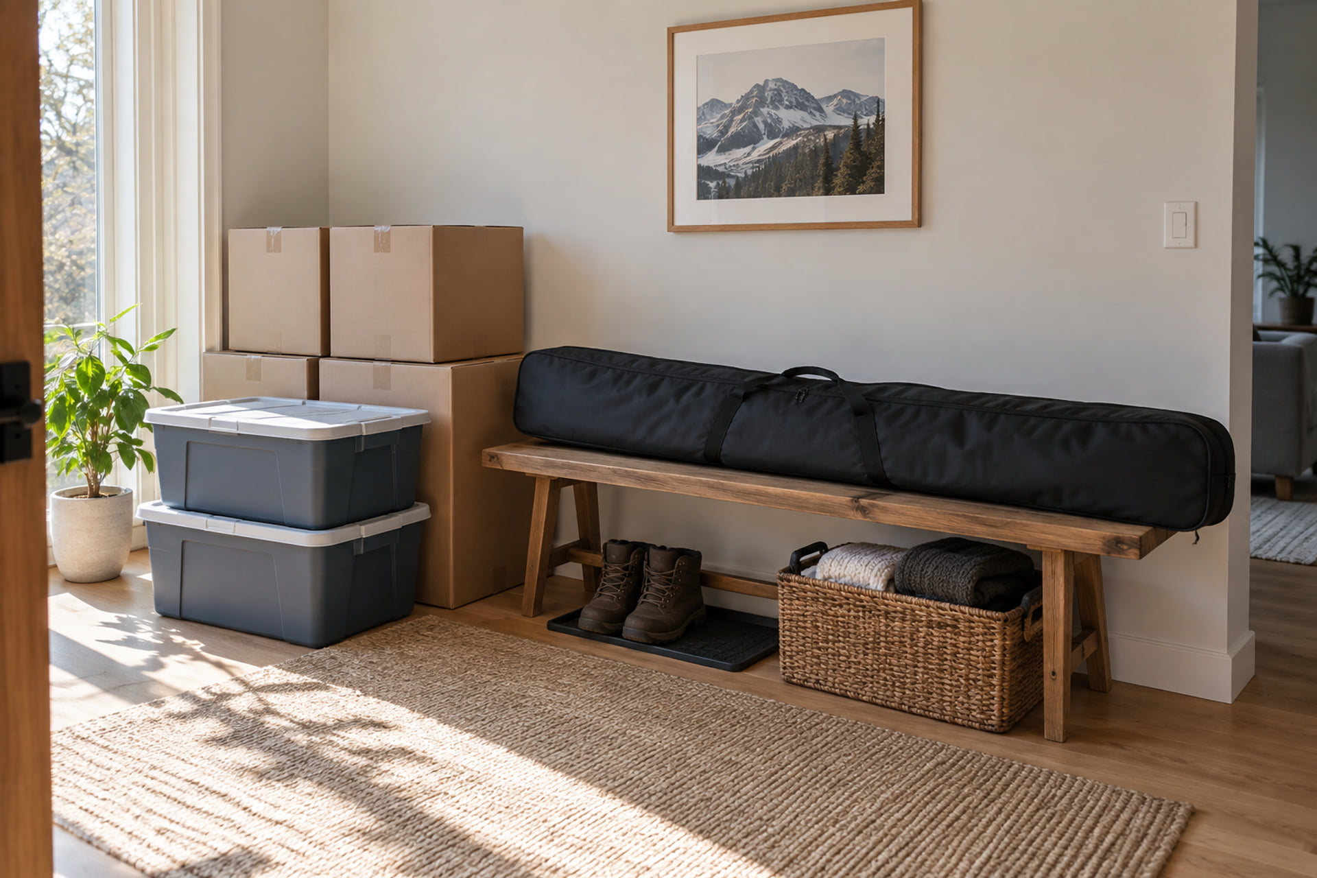 Cartons, lidded bins and a long equipment bag beside a wooden bench