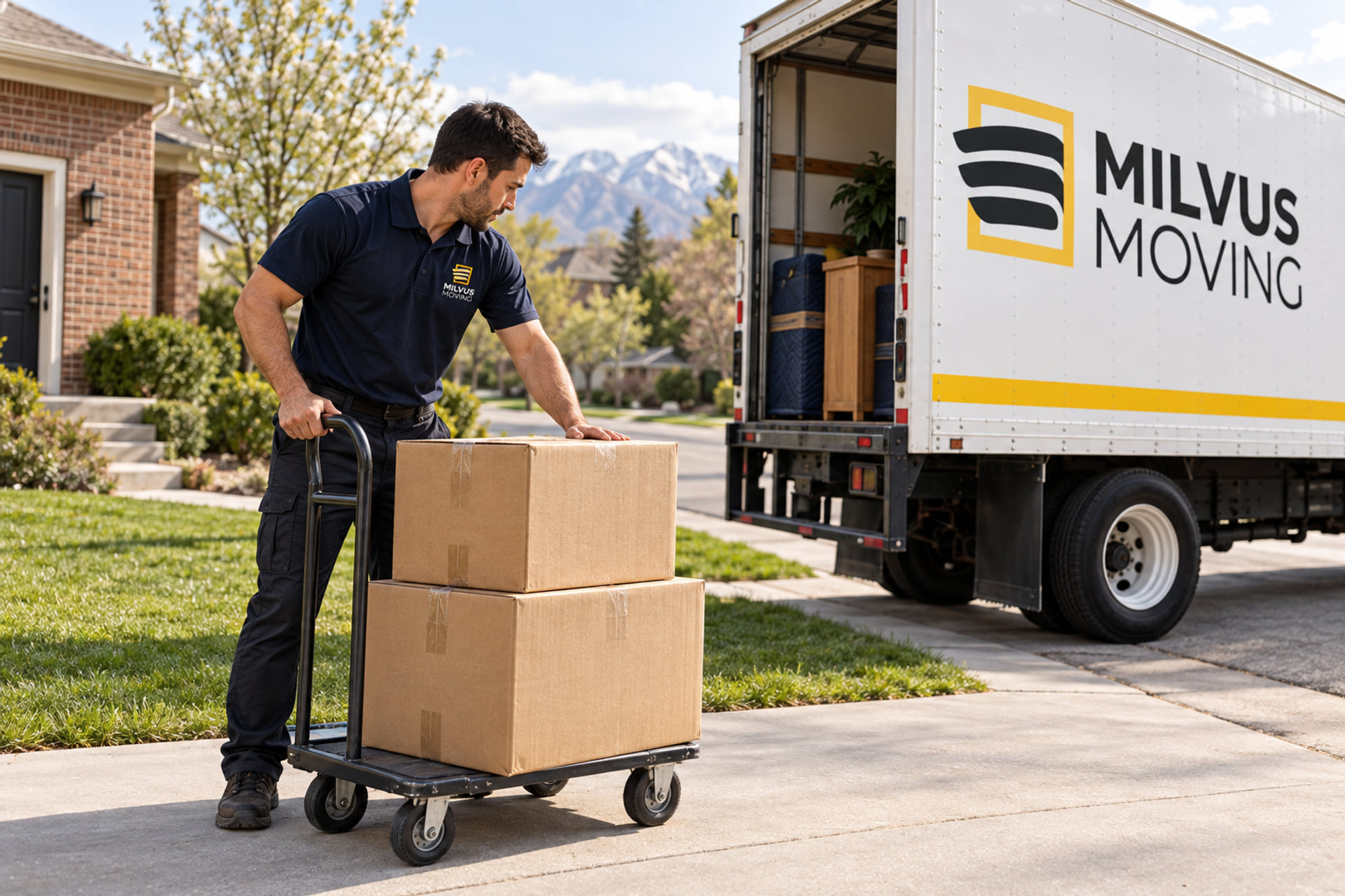 Mover checking cartons on a trolley with mountains behind the neighborhood