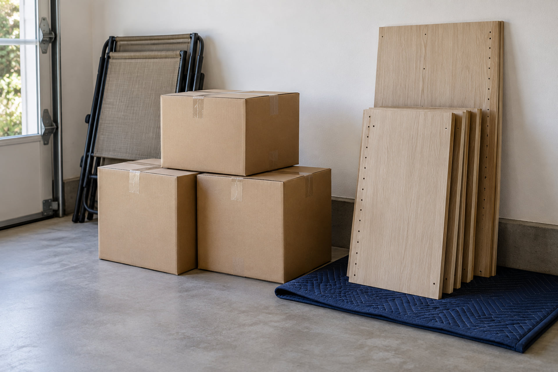 Dismantled shelving panels, folded chairs and cartons organized in a garage