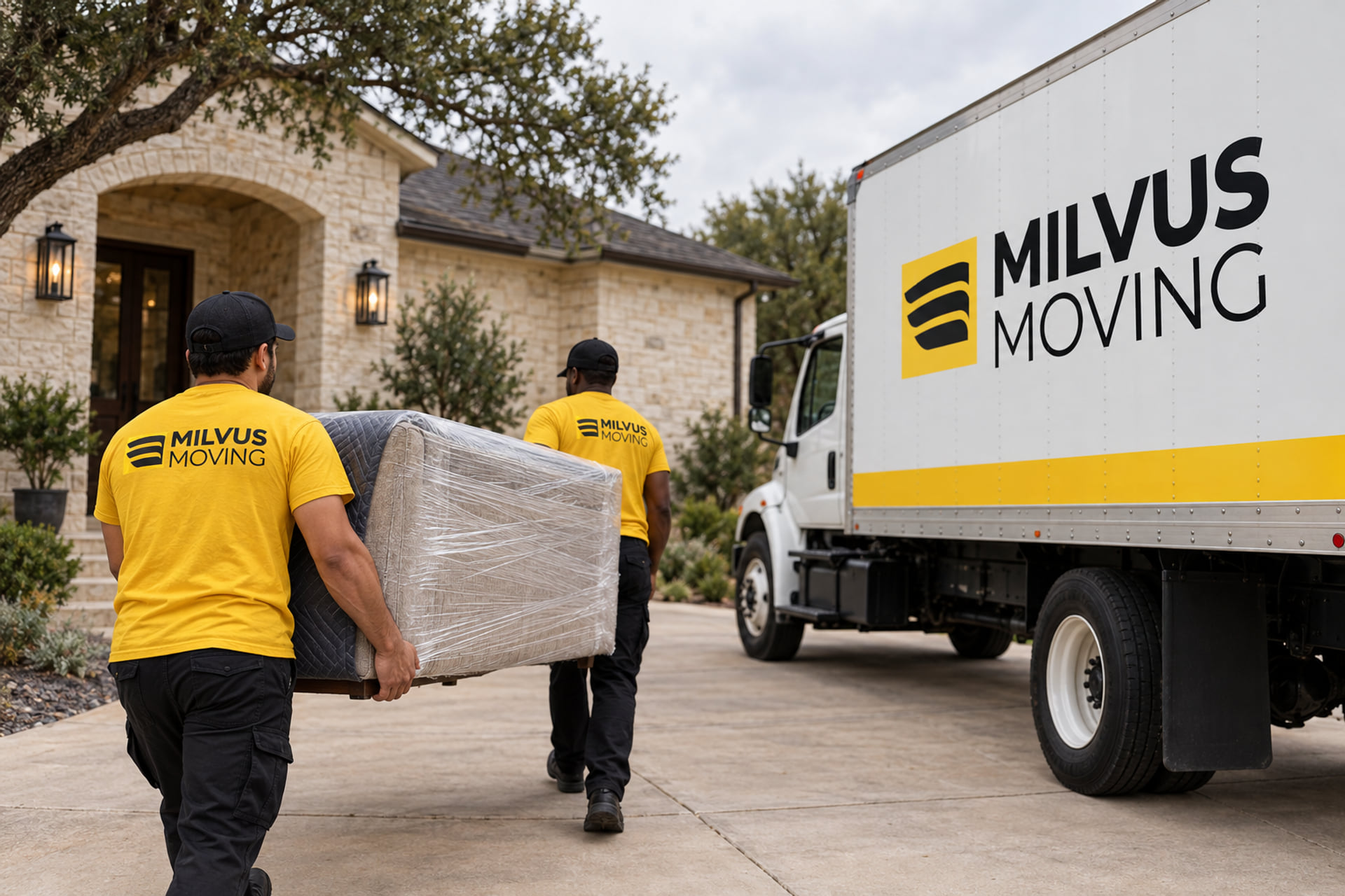 Two movers carrying wrapped furniture toward a stone-front home