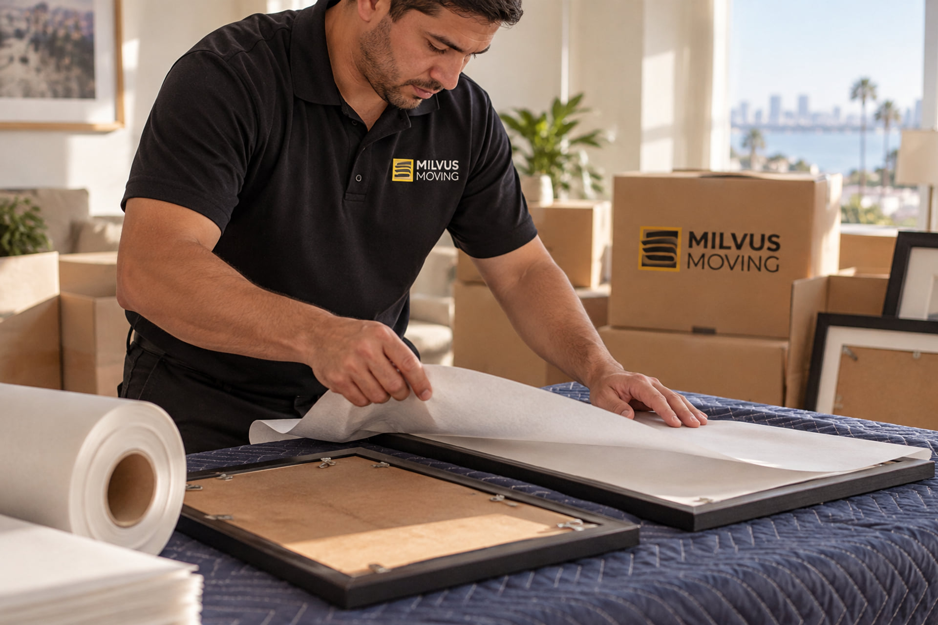Mover laying protective paper over a framed piece on a padded table
