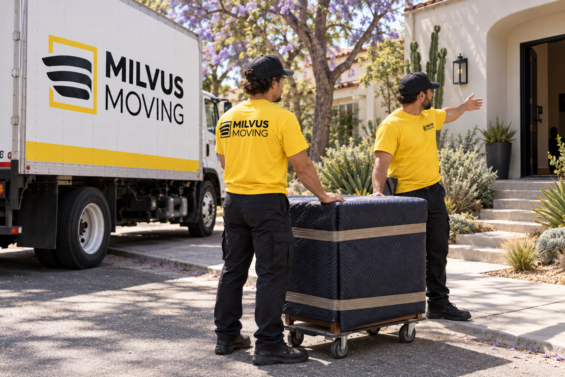 Movers with a padded item on a dolly outside a stucco home