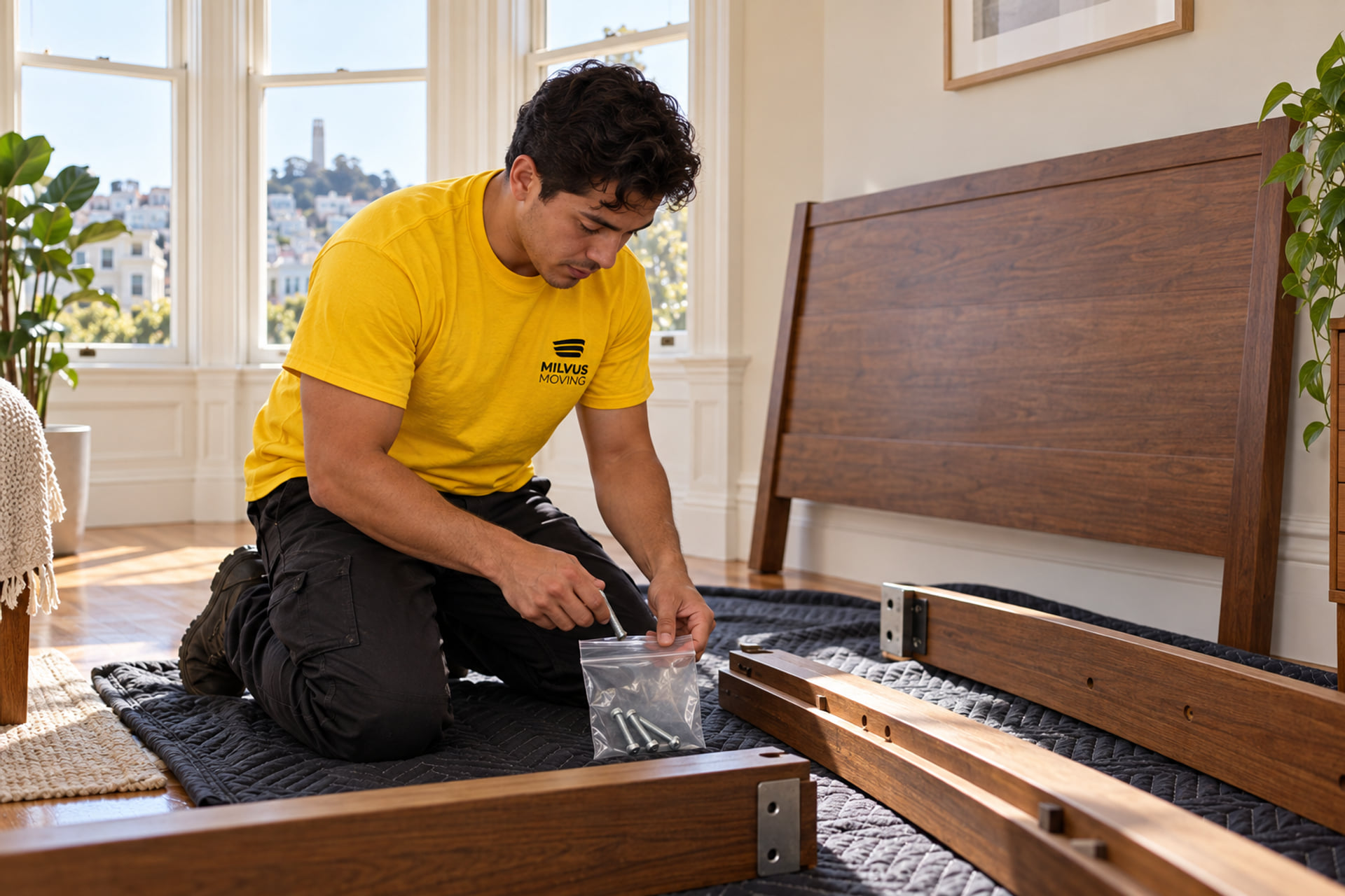 Mover sorting hardware beside dismantled wooden bed parts