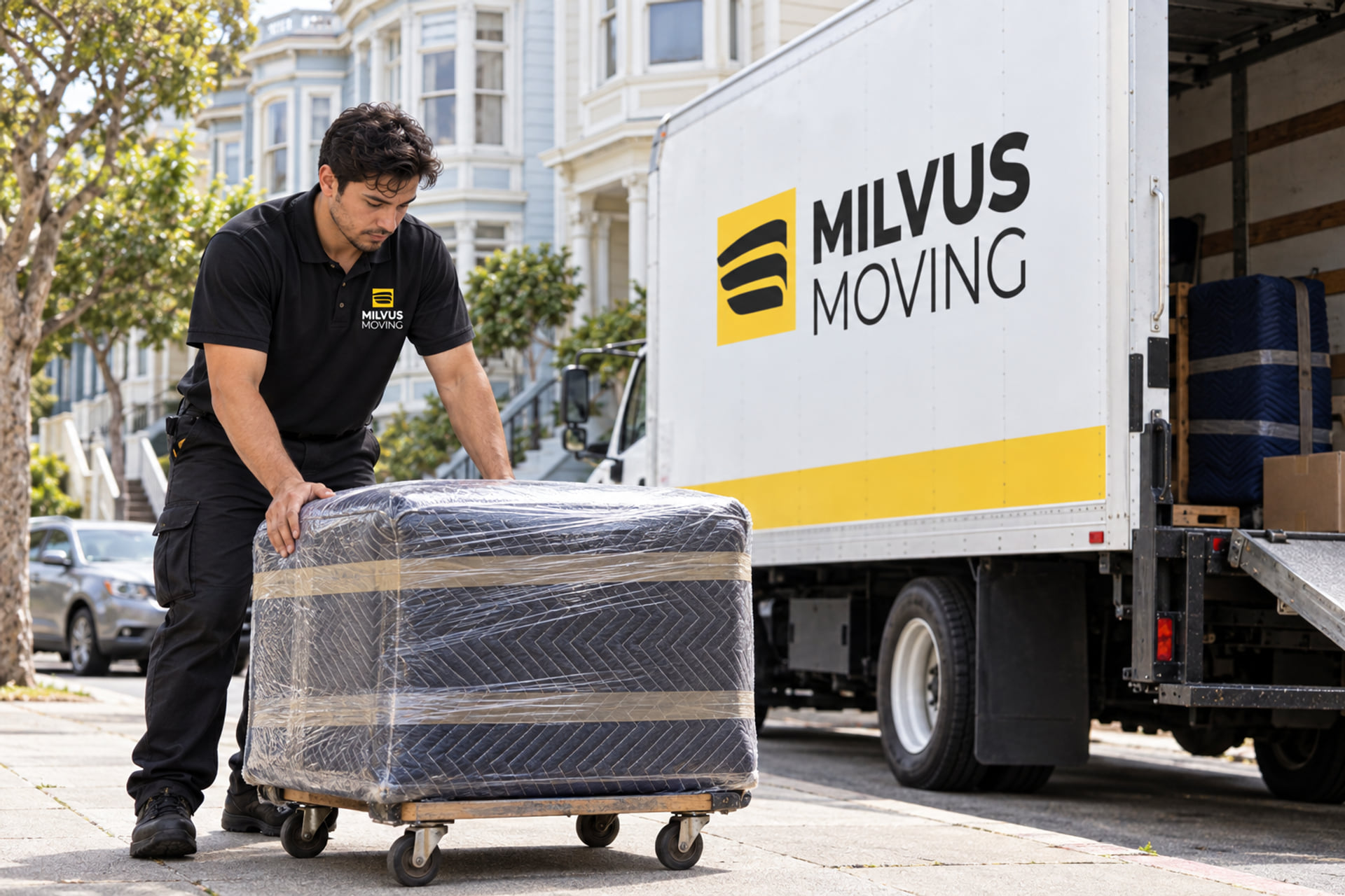 Mover guiding a padded ottoman on a dolly beside a Milvus truck