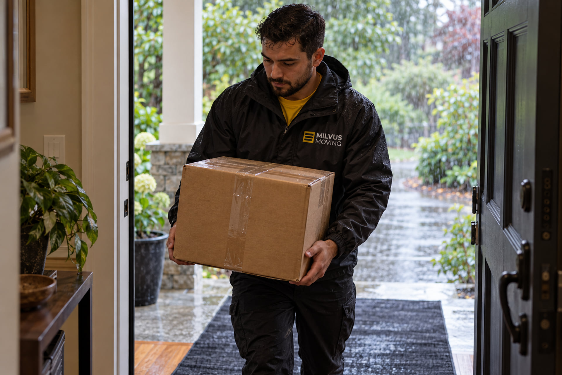 Mover carrying a sealed carton through a doorway with a protective floor runner