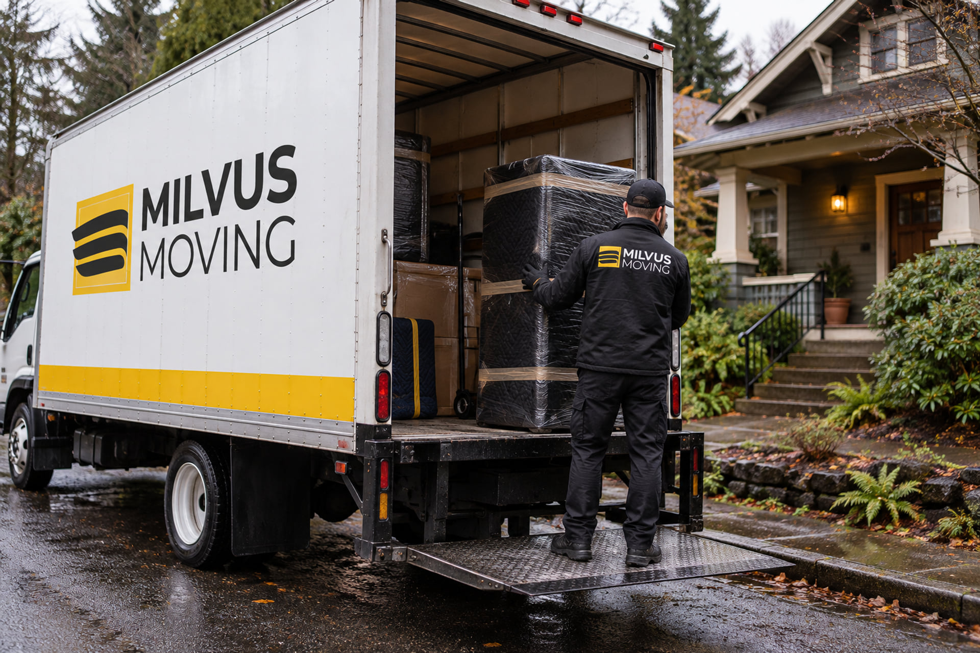 Mover with wrapped furniture on a Milvus truck lift beside a wet residential street