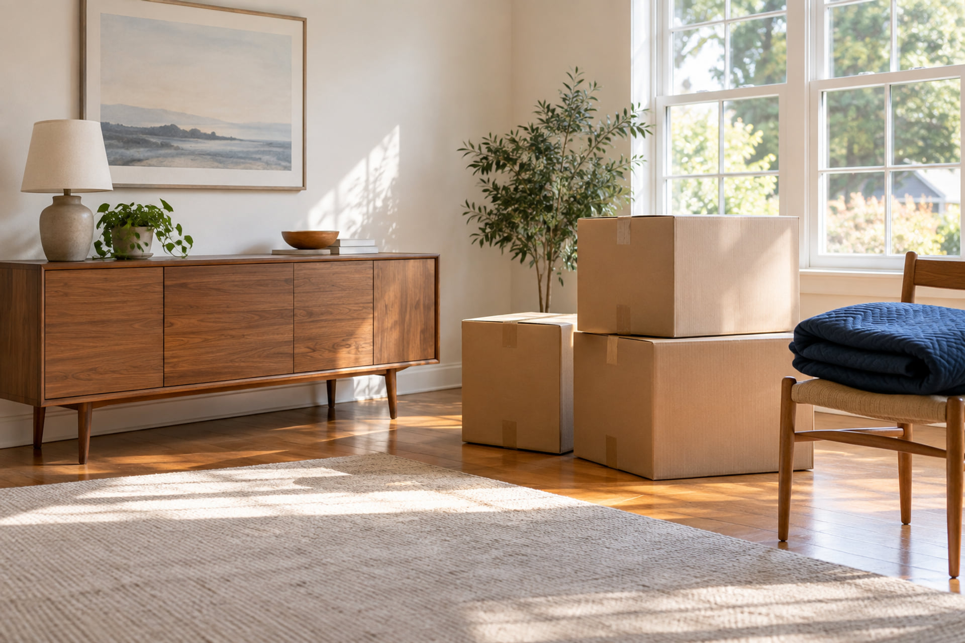 Wooden sideboard, sealed cartons and folded moving blankets in a sunlit room