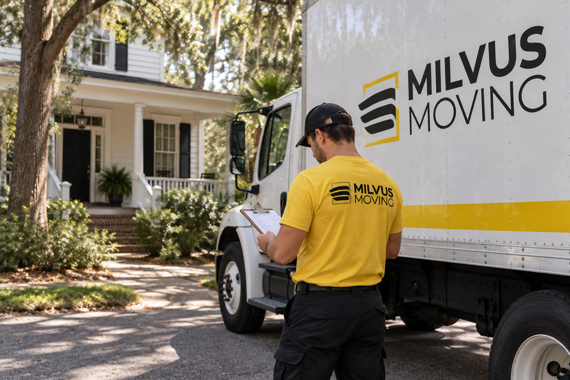 Mover reviewing a clipboard beside a Milvus truck and a shaded porch