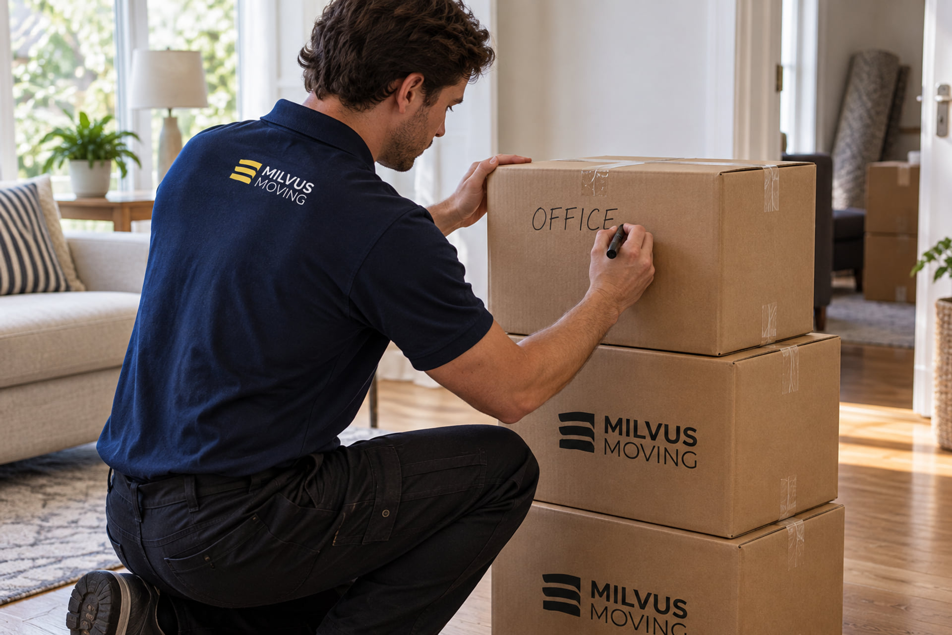 Mover marking a sealed carton Office before room-by-room delivery