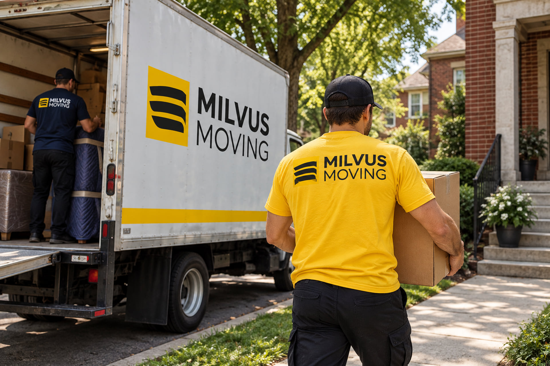 Mover carrying a carton toward a brick home while another works in the truck