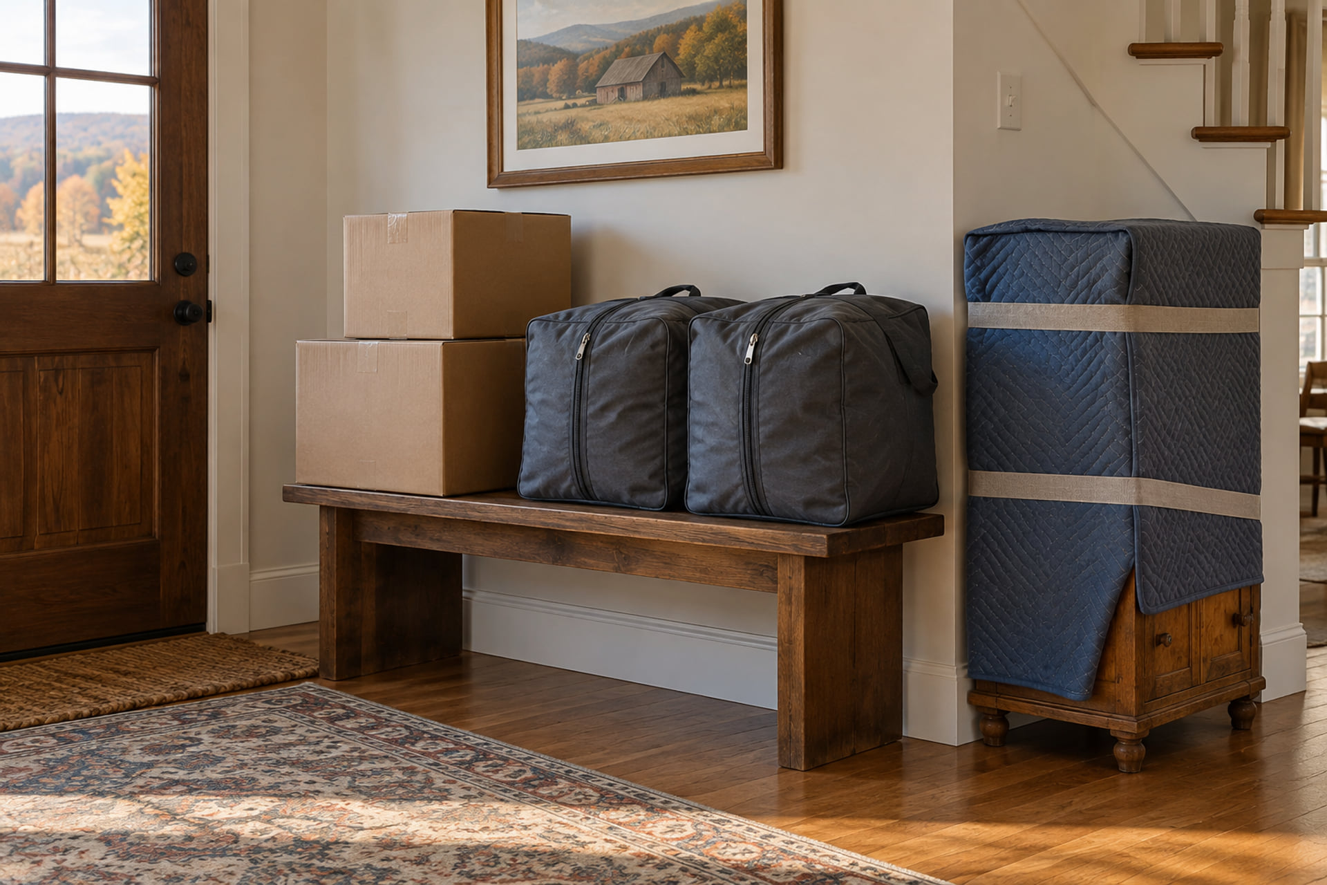 Sealed cartons, storage bags and a padded cabinet beside a home entrance