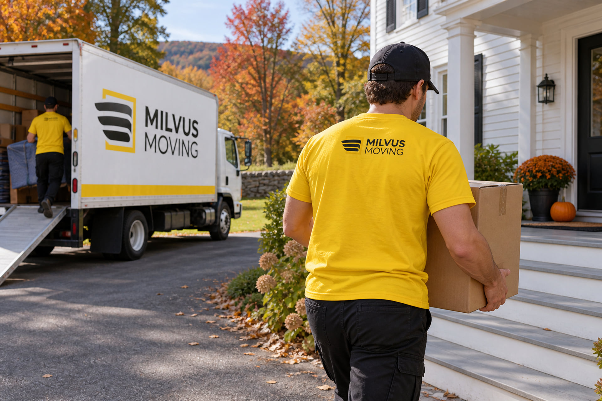 Mover carrying a carton toward a clapboard house surrounded by autumn trees