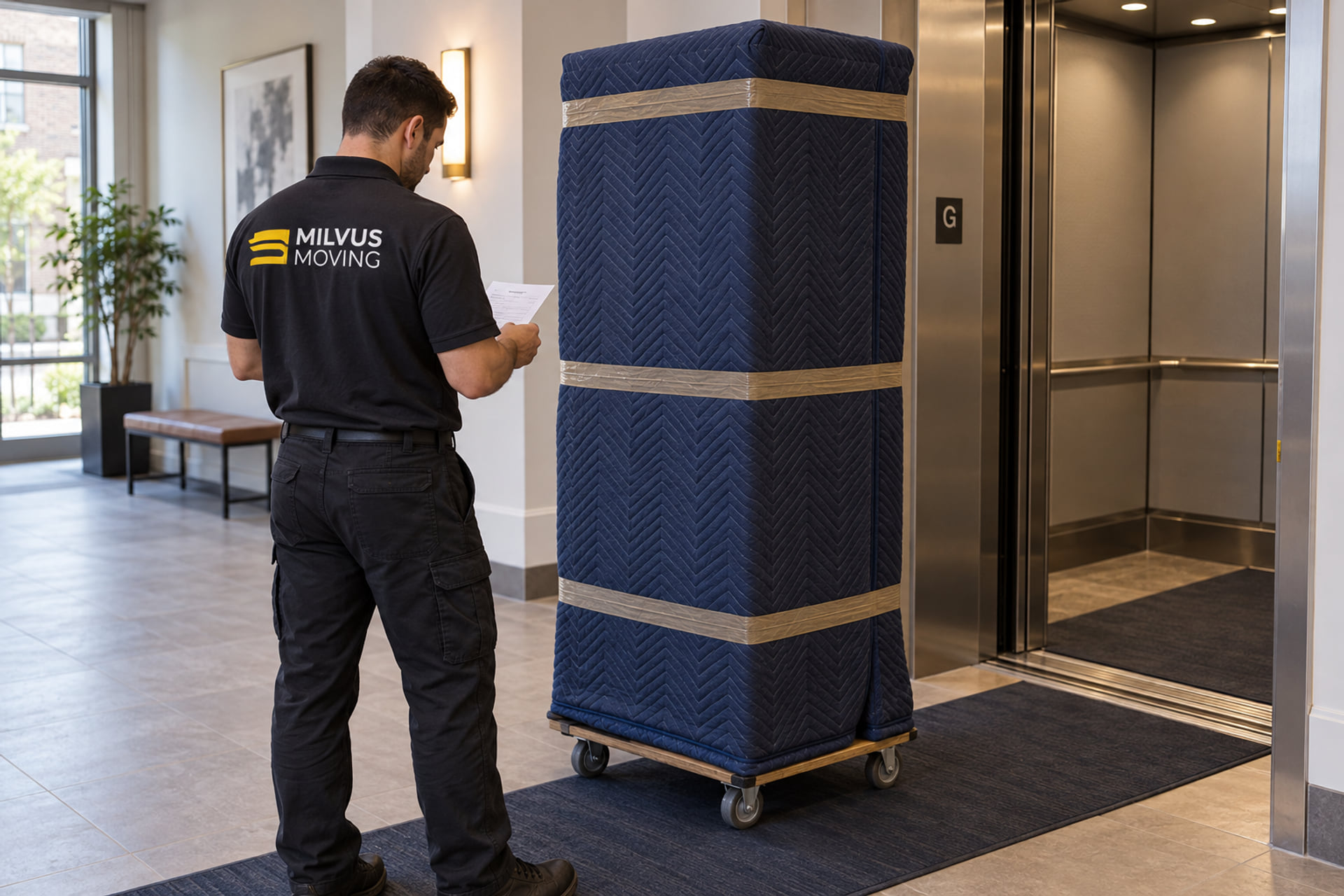 Mover checking paperwork beside padded furniture and a service elevator