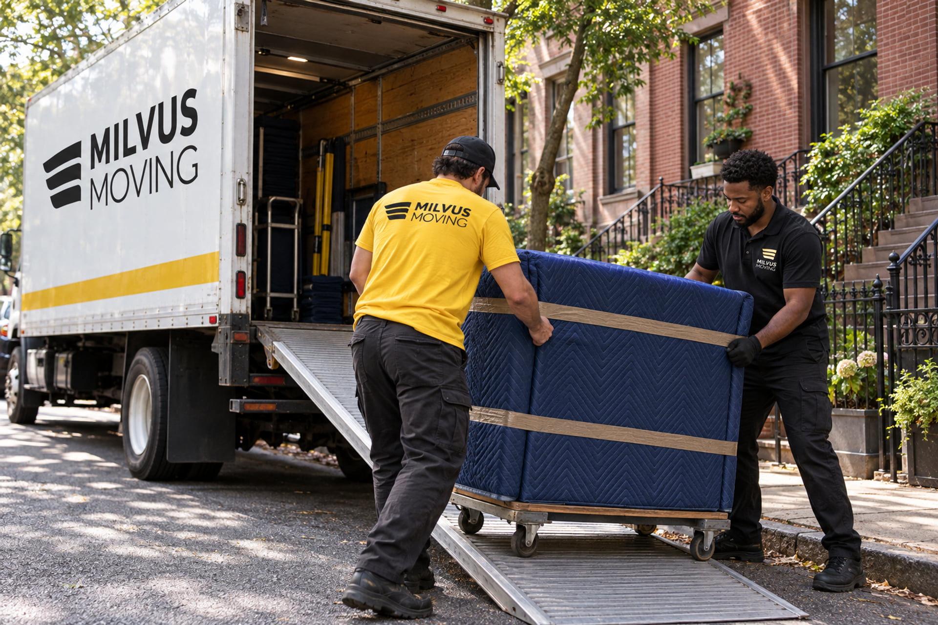 Two movers guiding a padded cabinet on a dolly down a truck ramp