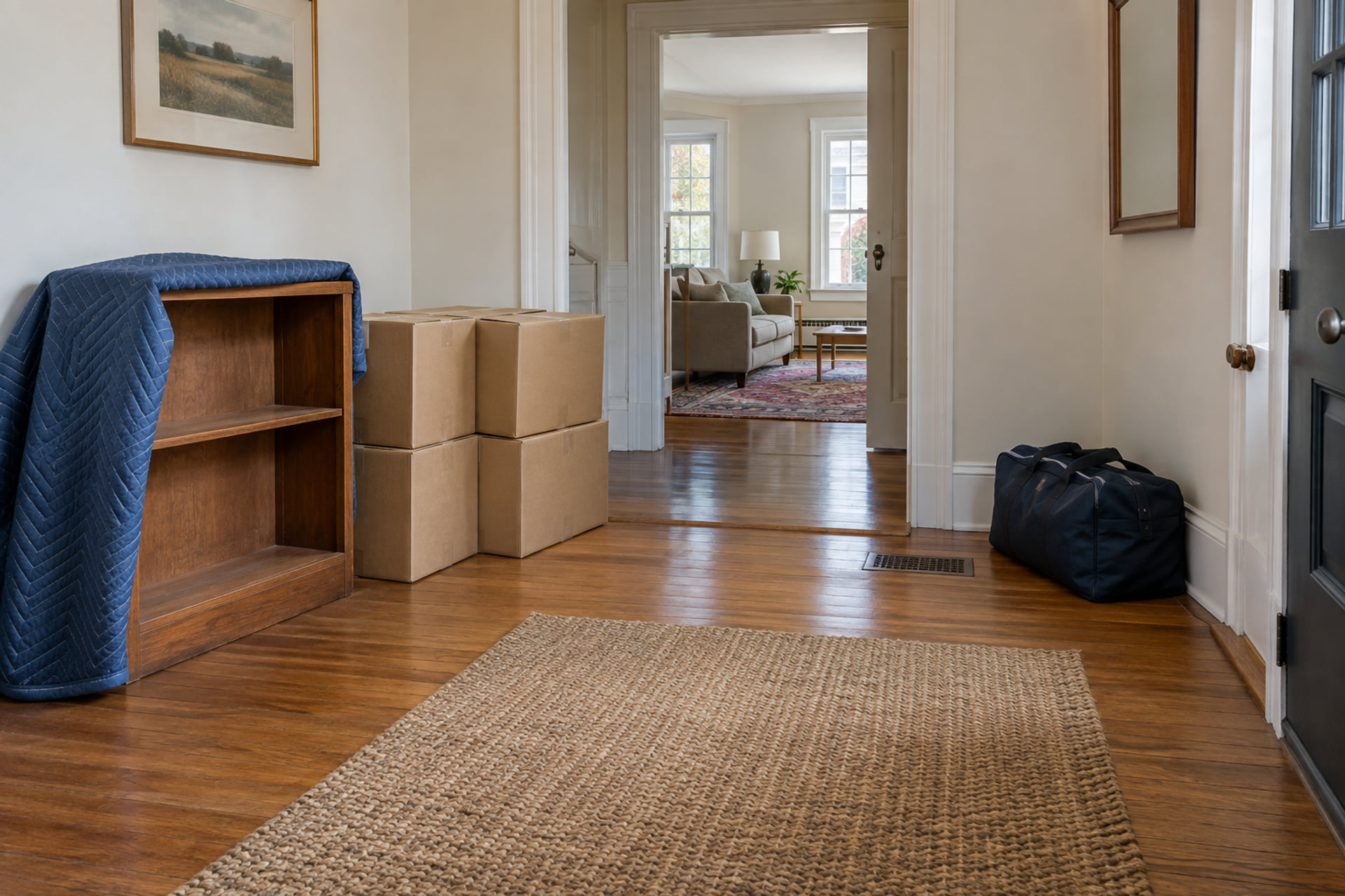 Empty bookcase with a moving blanket beside cartons and a travel bag