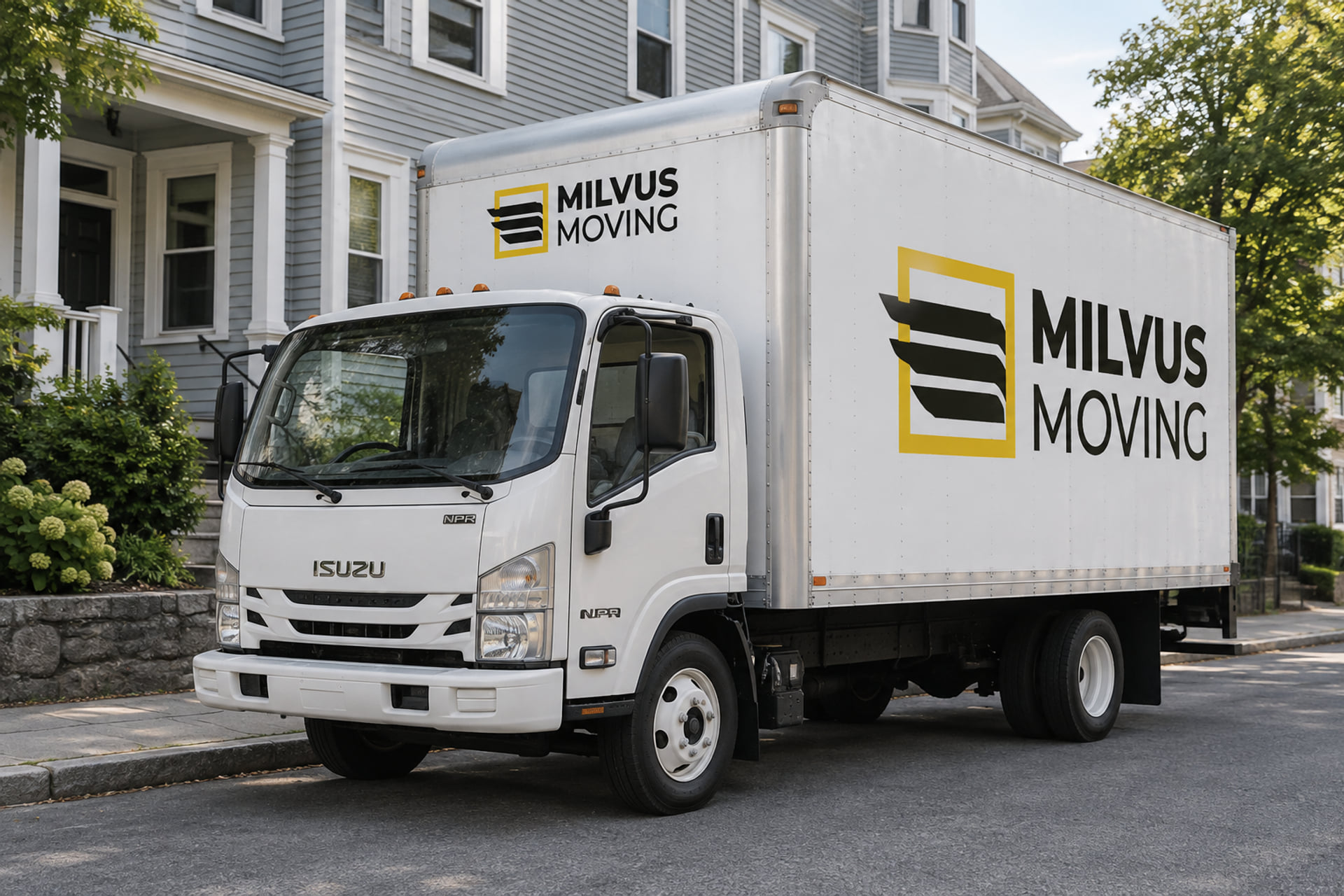 Milvus cab-over moving truck parked beside multifamily houses