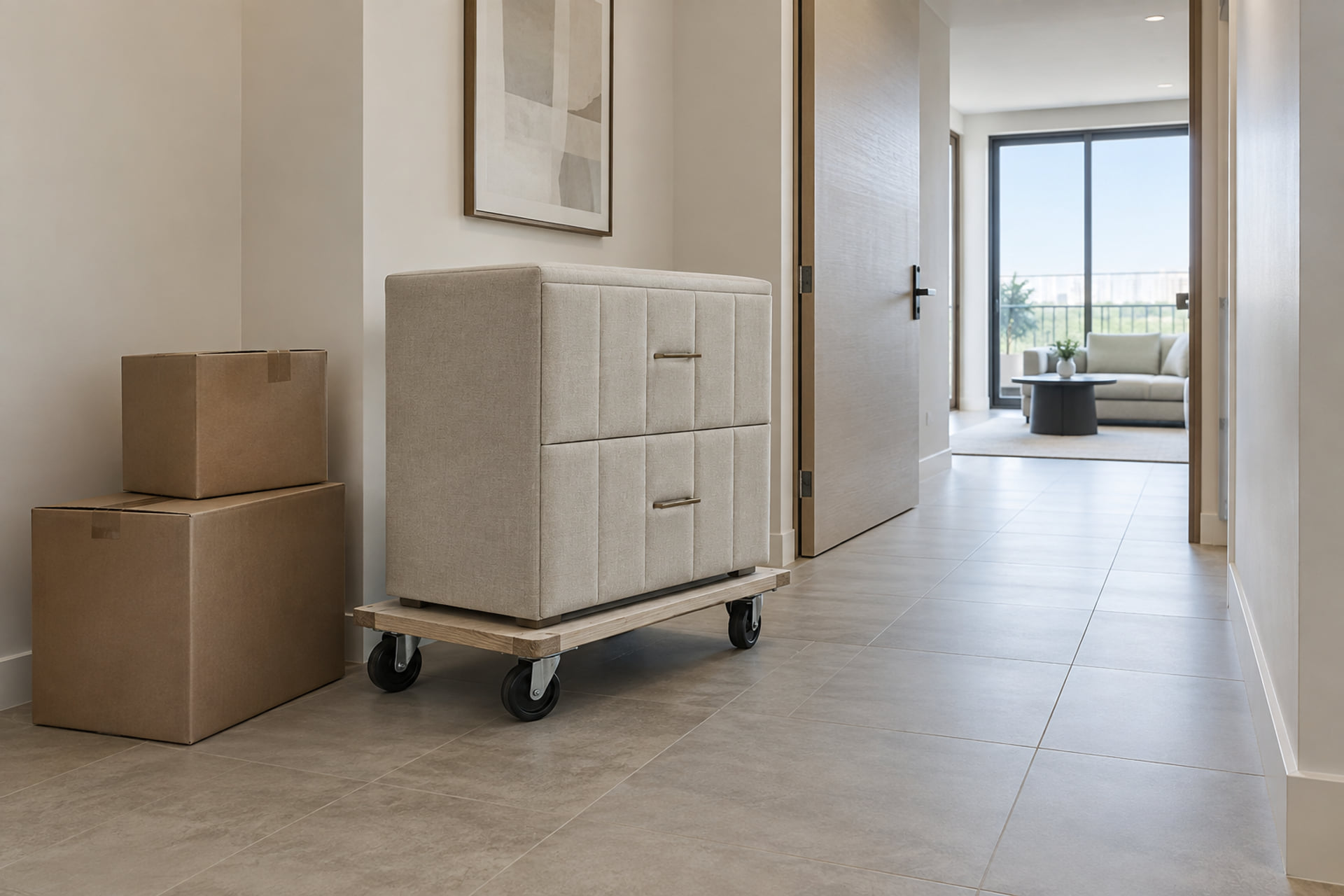 Upholstered cabinet on a furniture dolly beside sealed cartons