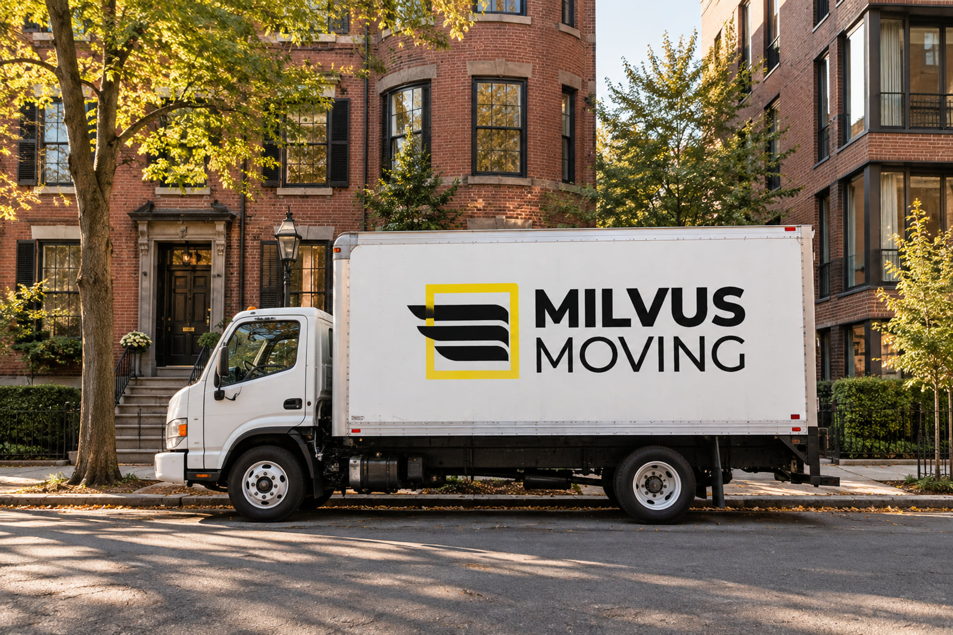 Milvus moving truck beside brick residential buildings in autumn