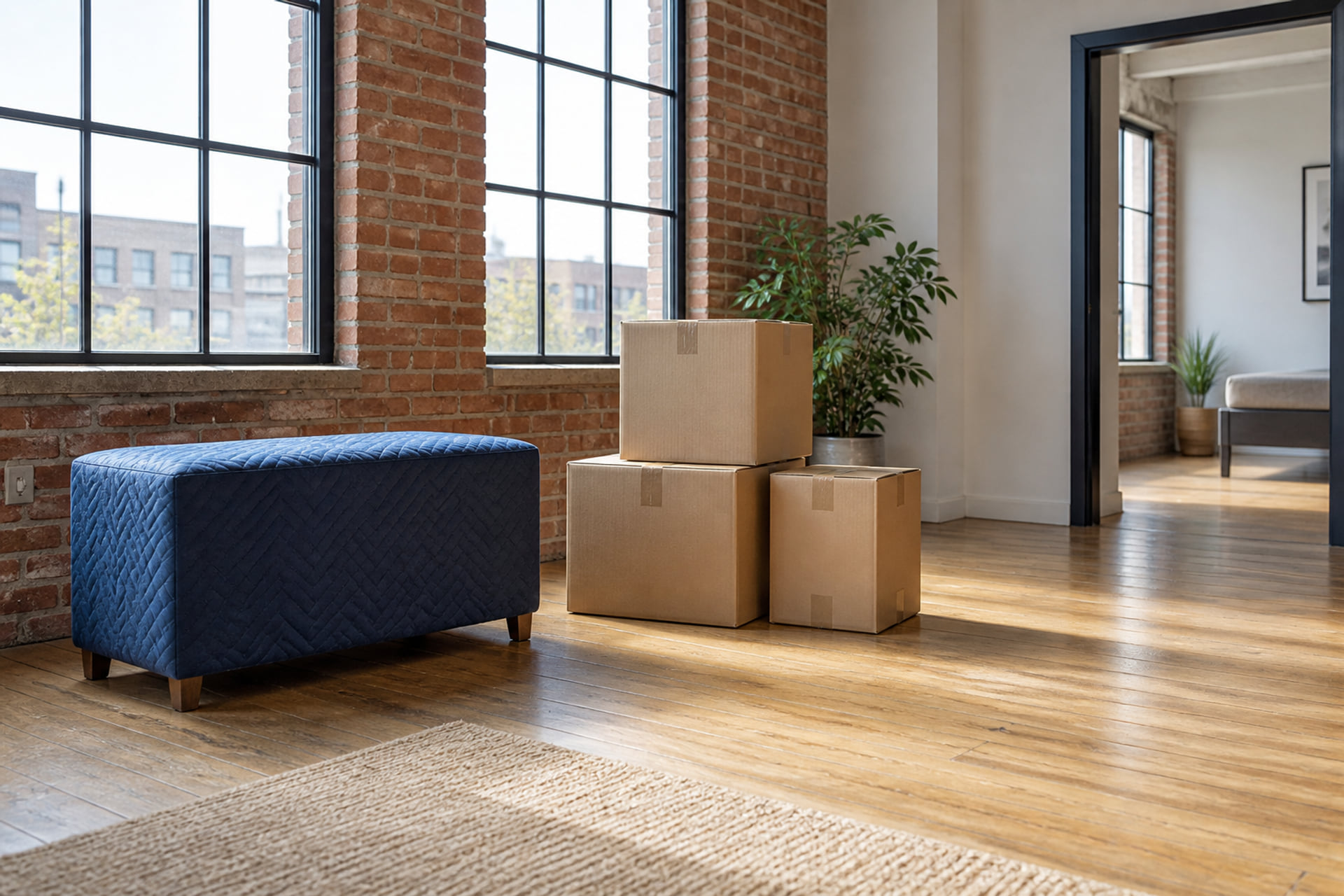 Blanket-covered furniture and sealed cartons in a loft-style room