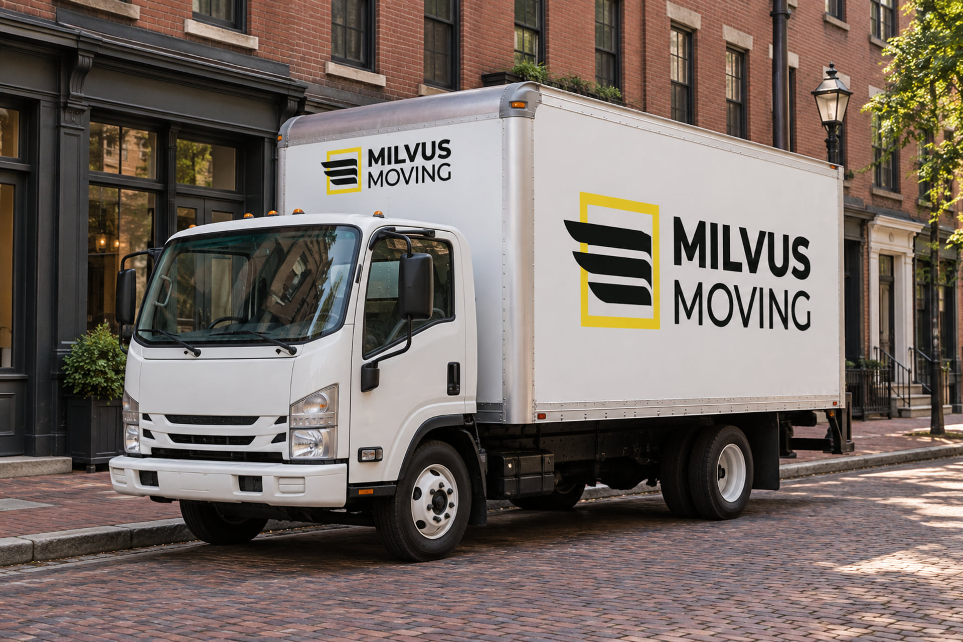 Milvus moving truck parked beside brick warehouse-style buildings