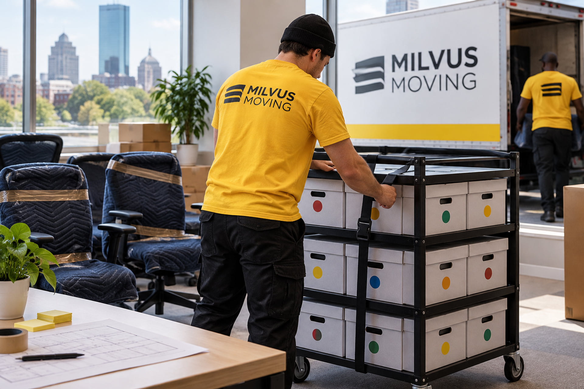 Mover checking a cart of archive boxes beside padded office chairs