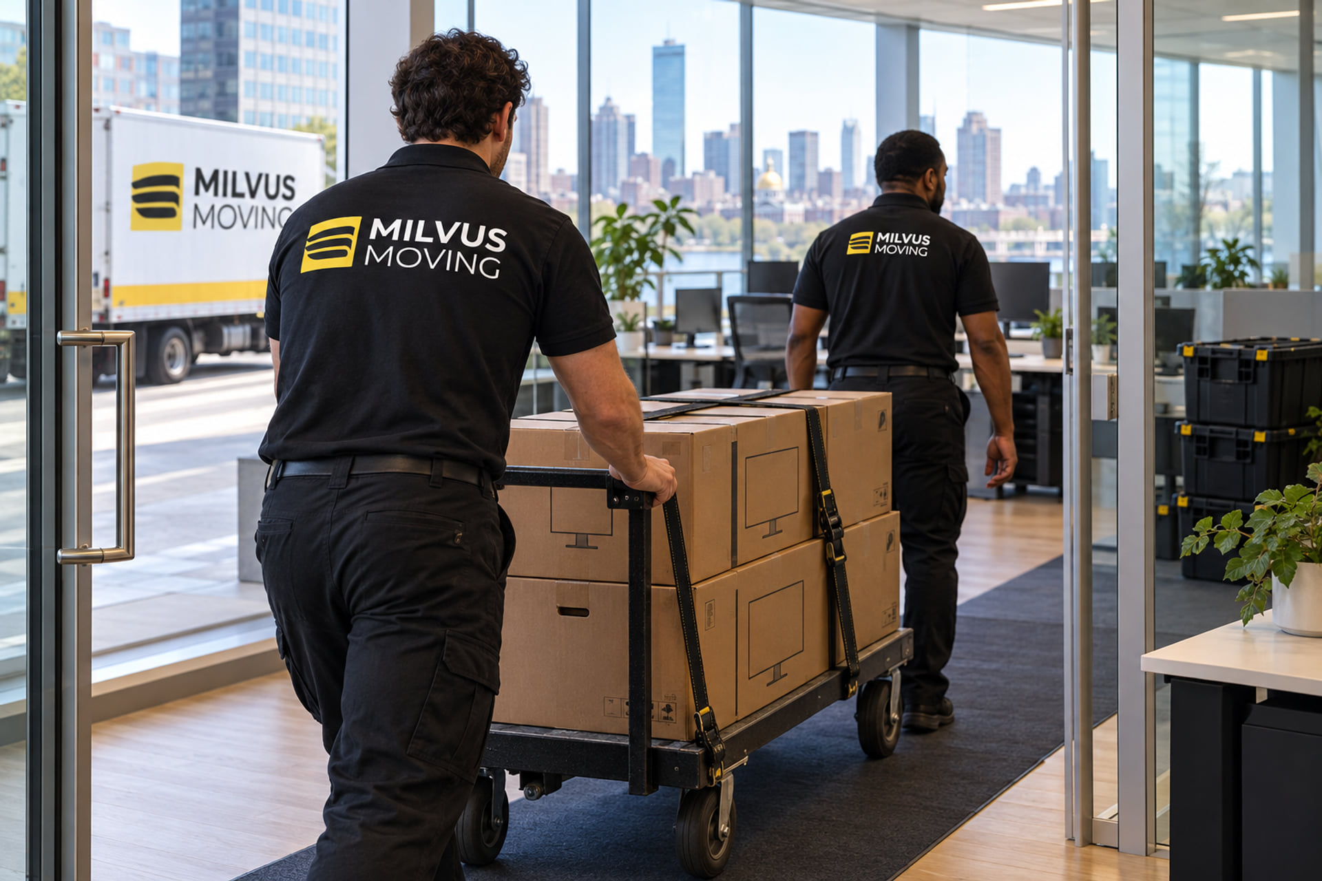 Milvus office movers wheeling secured monitor cartons through a wide doorway