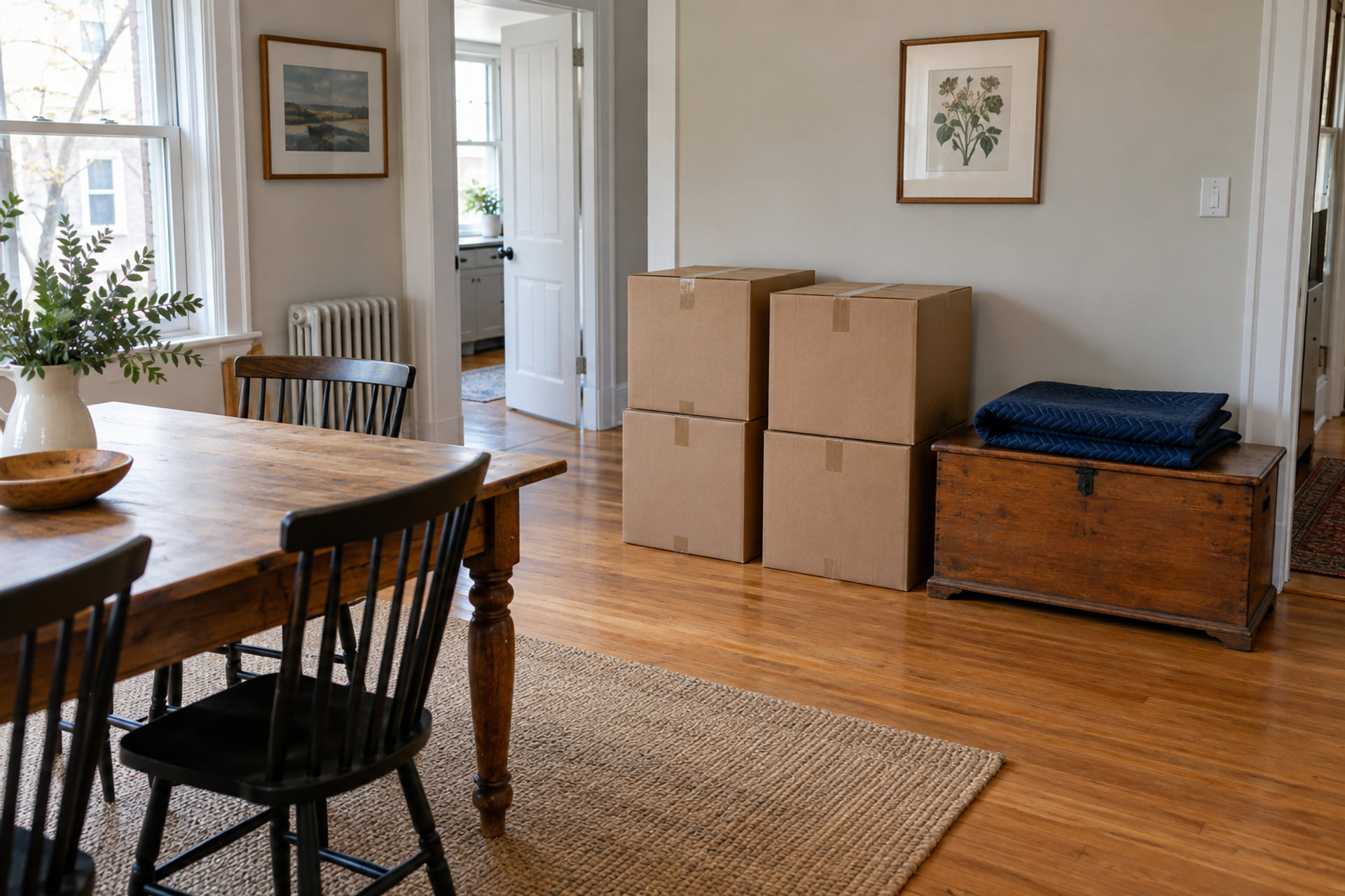Sealed cartons, dining furniture and folded blankets in a home