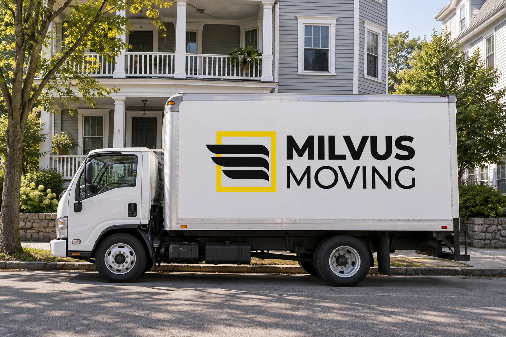 Milvus moving truck beside a multifamily house with stacked porches