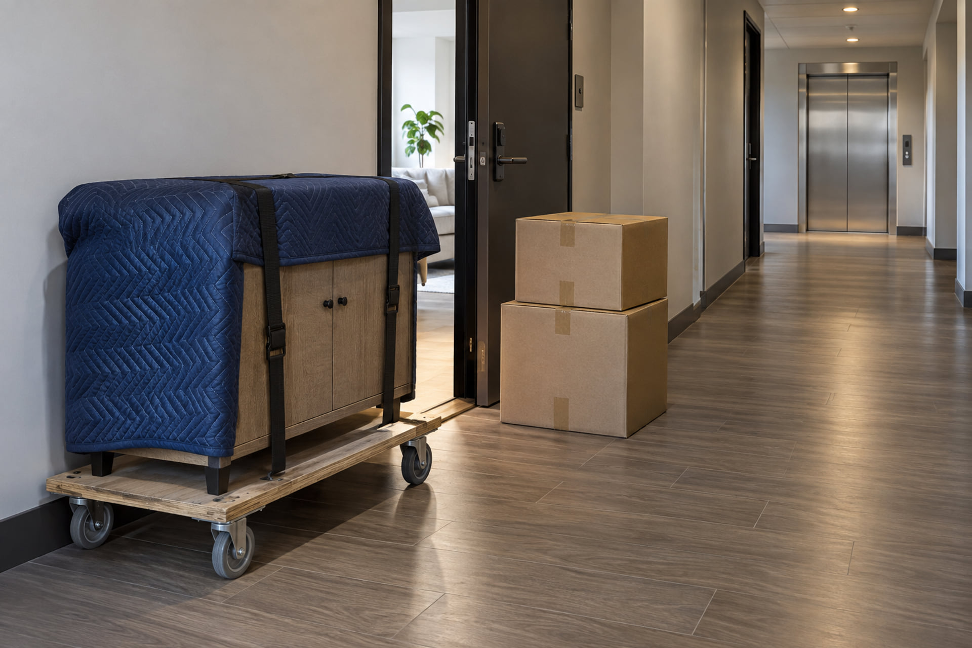 Cabinet secured on a dolly beside cartons in an apartment hallway