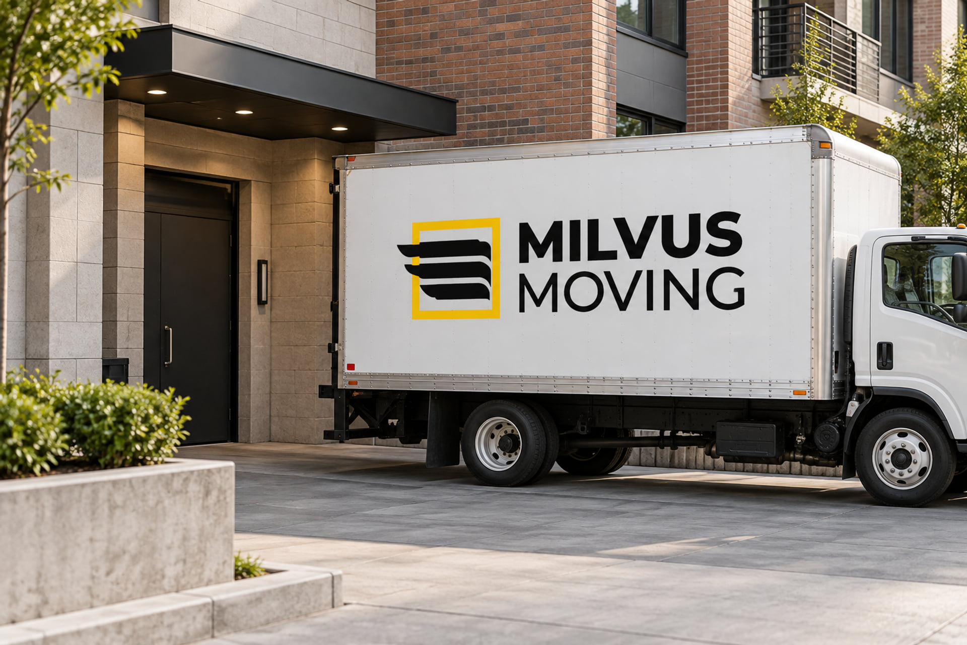 Milvus moving truck beside a covered apartment loading entrance