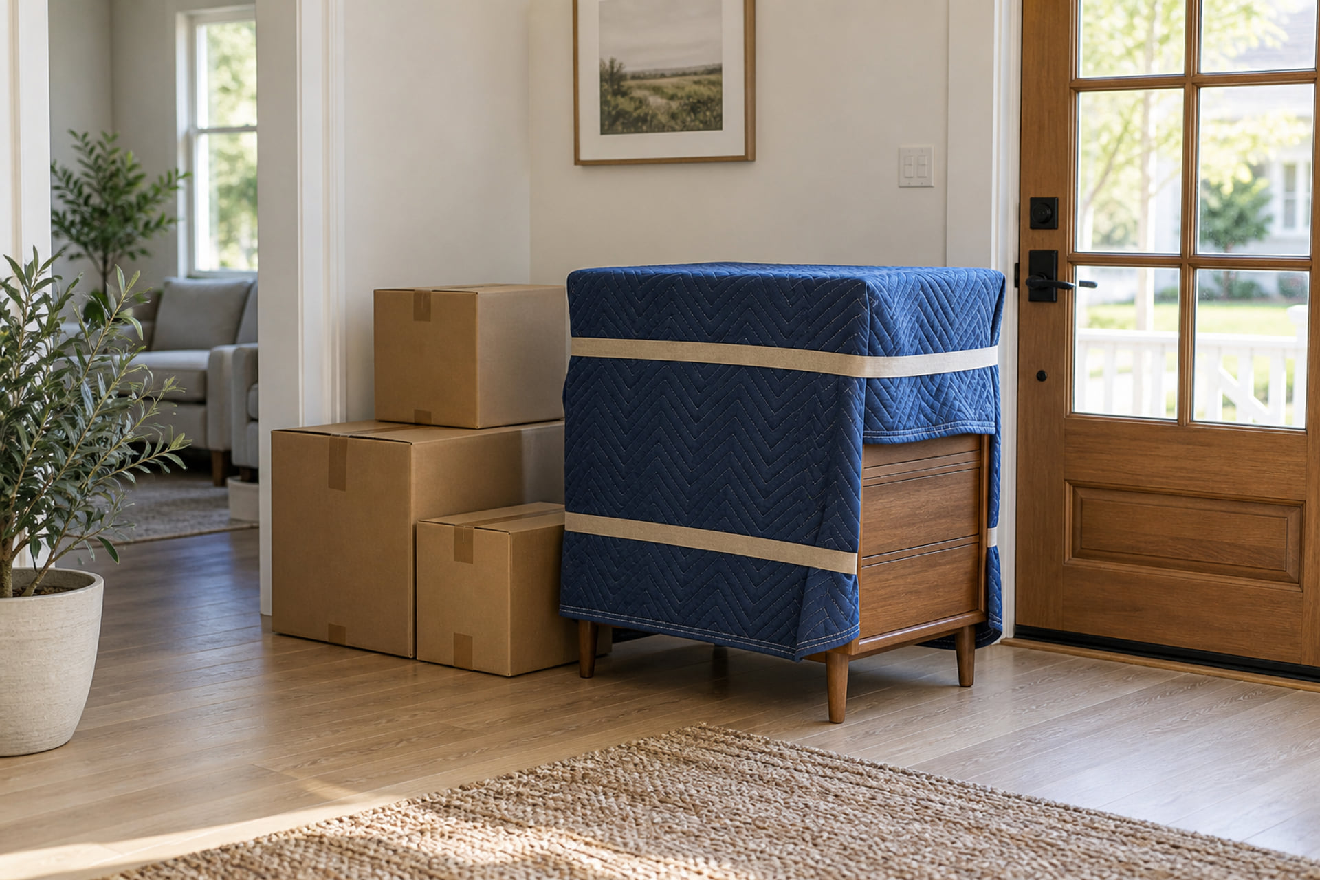 Padded wooden furniture and cartons beside a home entrance