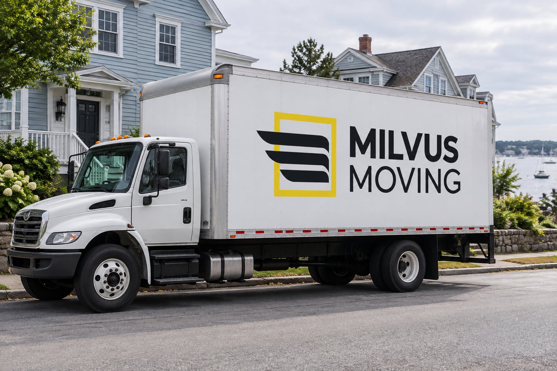 Milvus moving truck parked beside clapboard homes near the water