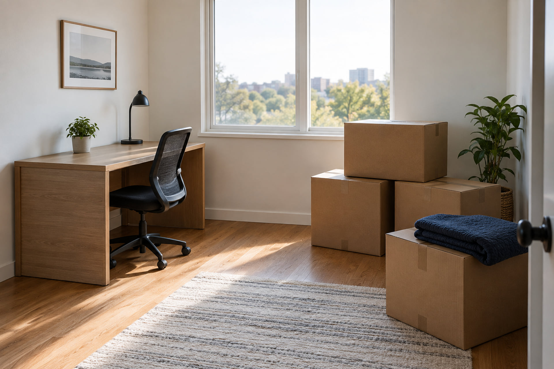 Desk, office chair and sealed cartons with a clear path through the room