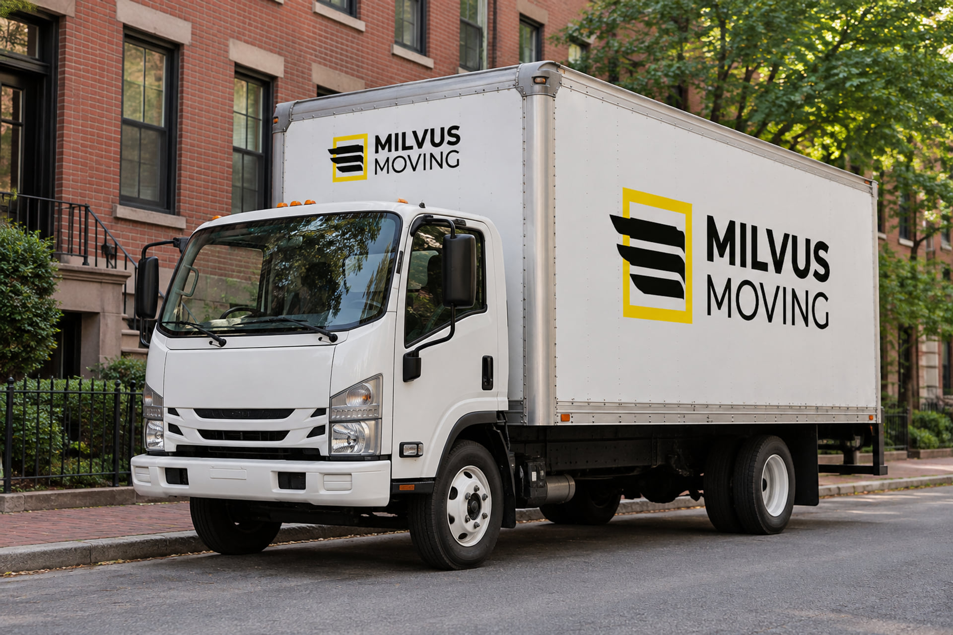 Milvus moving truck parked beside a tree-lined brick apartment building
