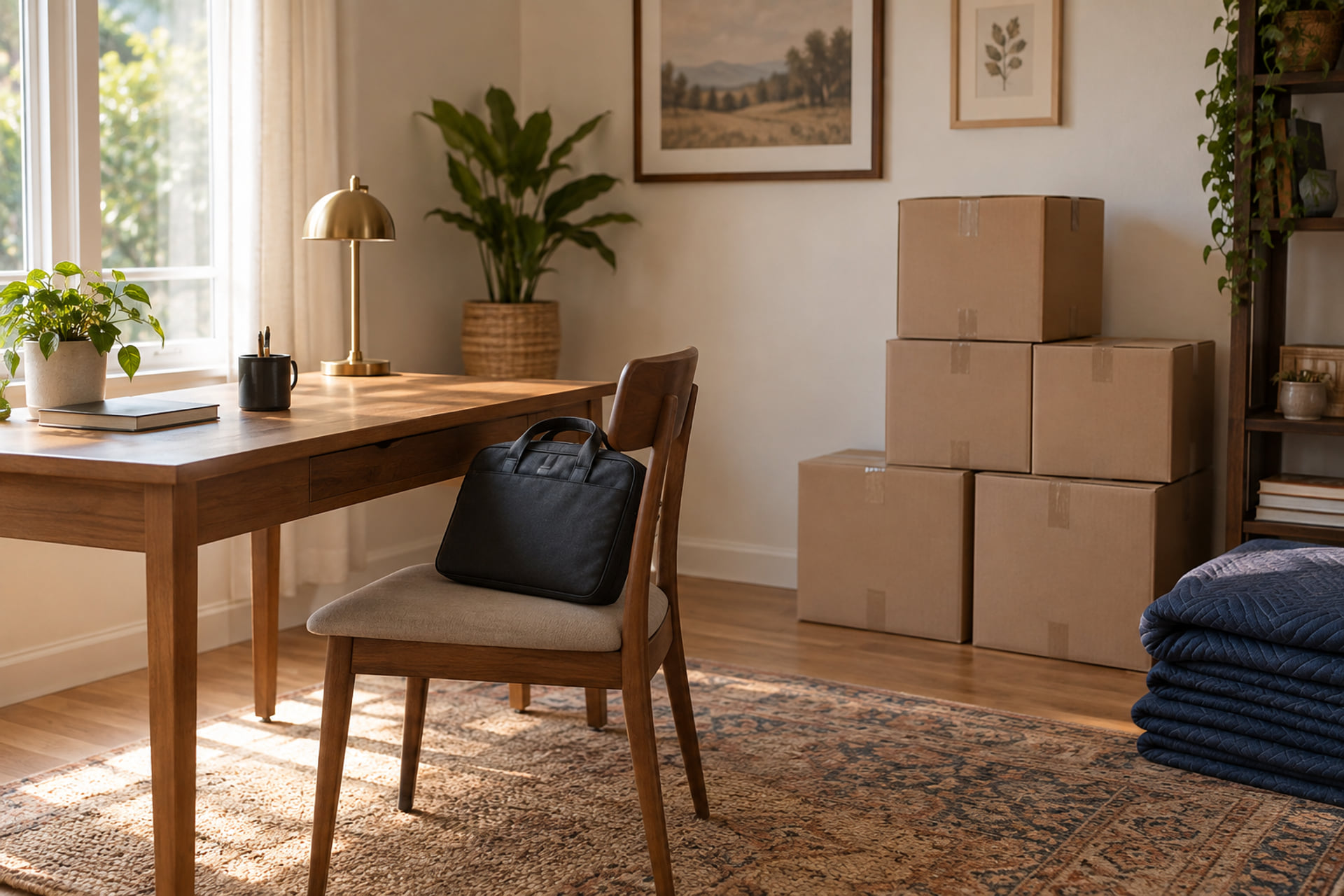 Desk, chair, work bag and sealed cartons in a home office