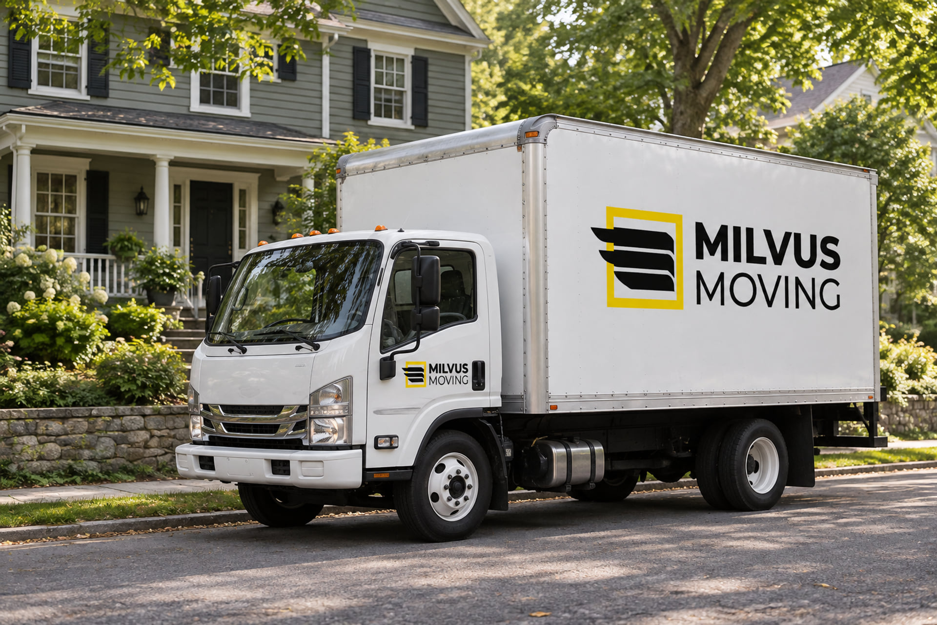 Milvus moving truck parked beside a leafy clapboard house