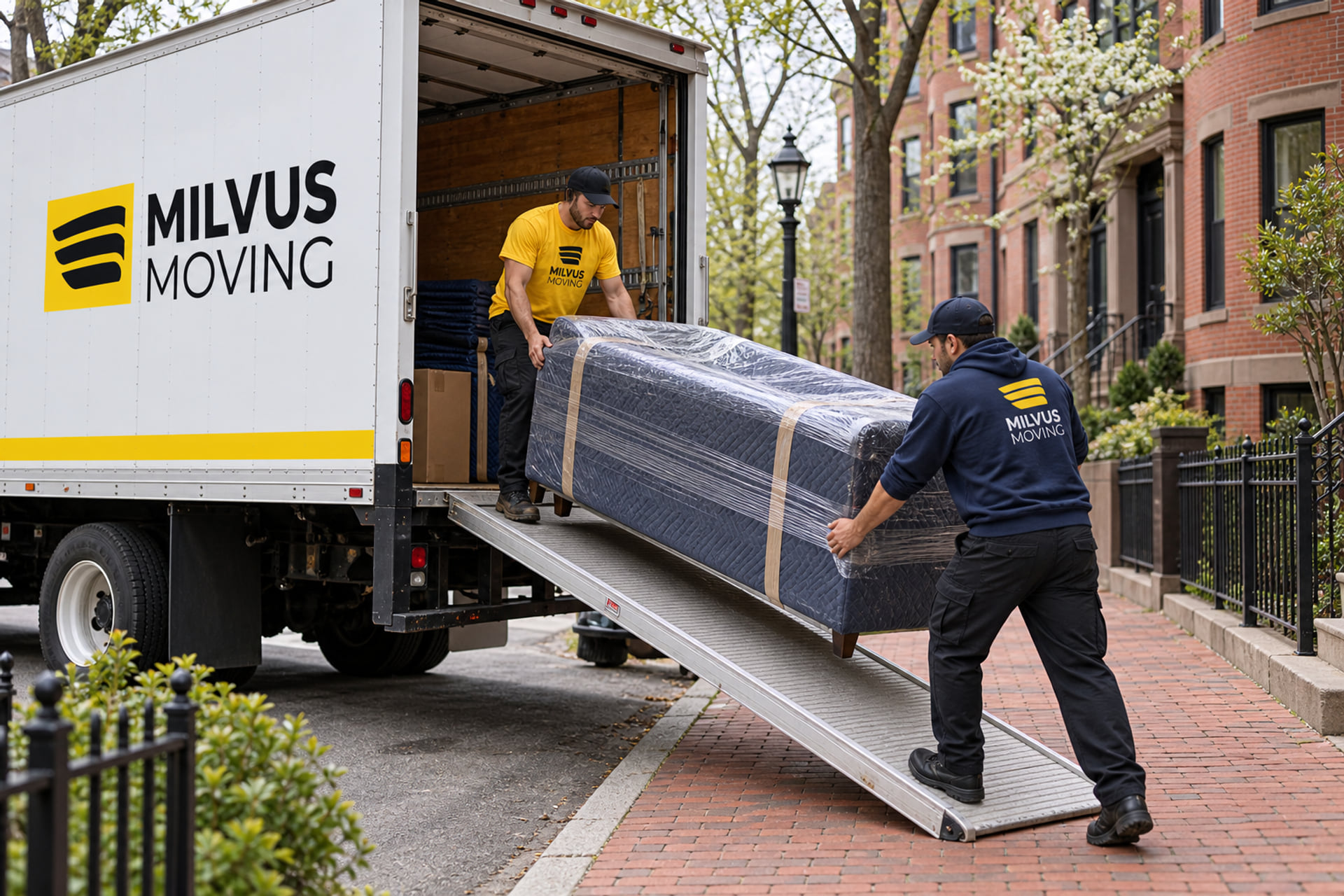 Milvus crew carrying wrapped furniture along a supported truck ramp