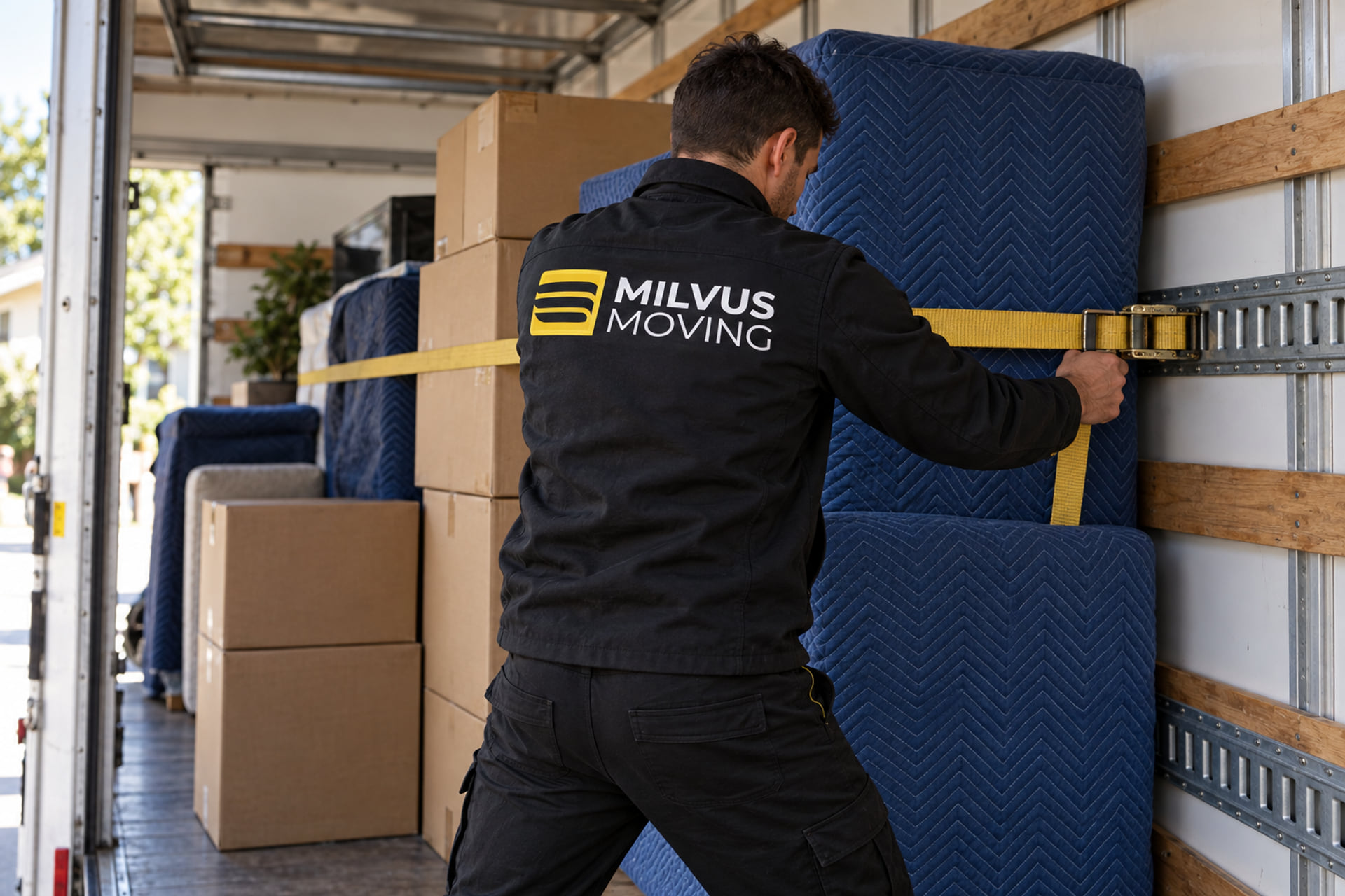 Mover securing padded furniture inside a moving truck