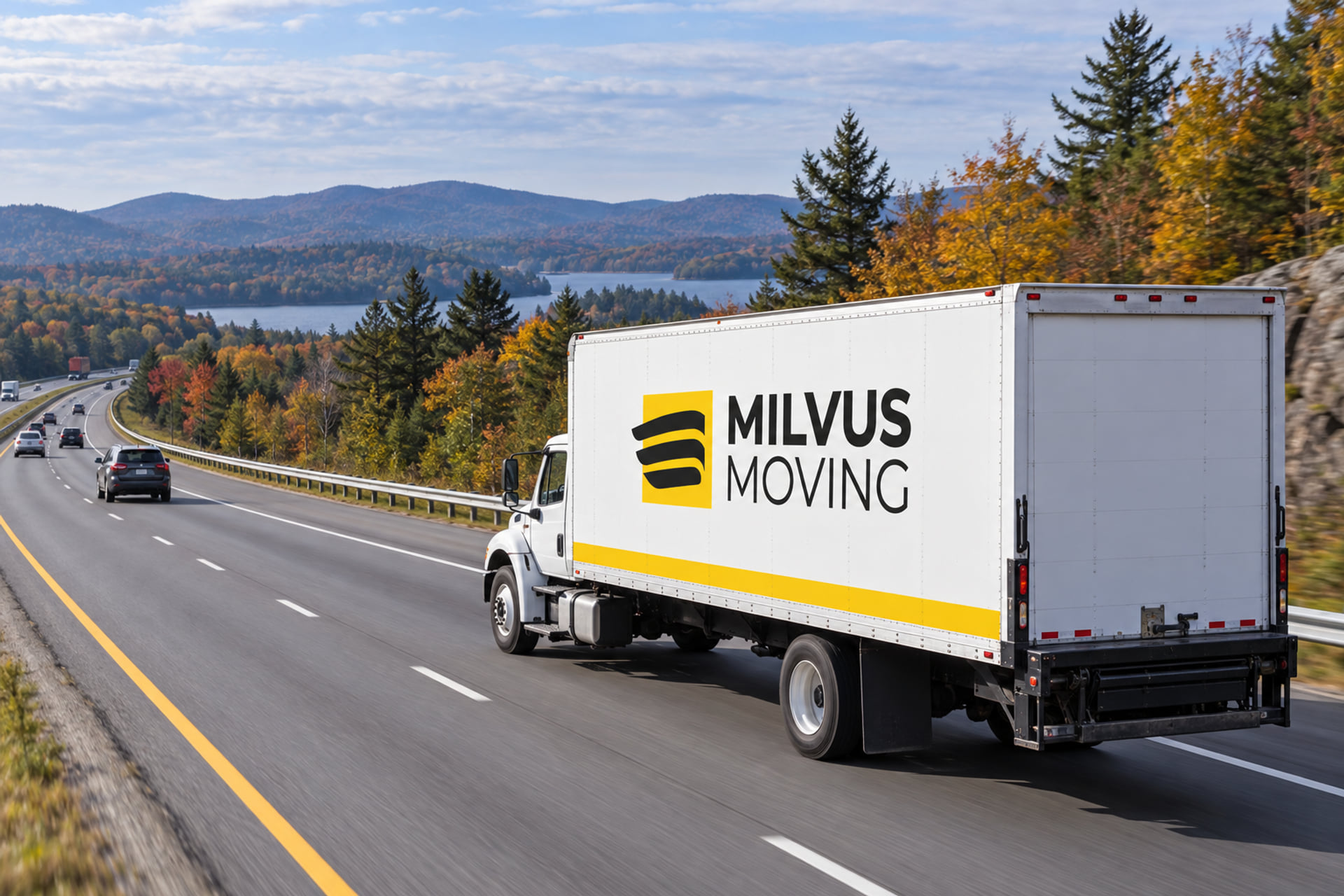 Branded Milvus moving truck on a divided highway through wooded hills