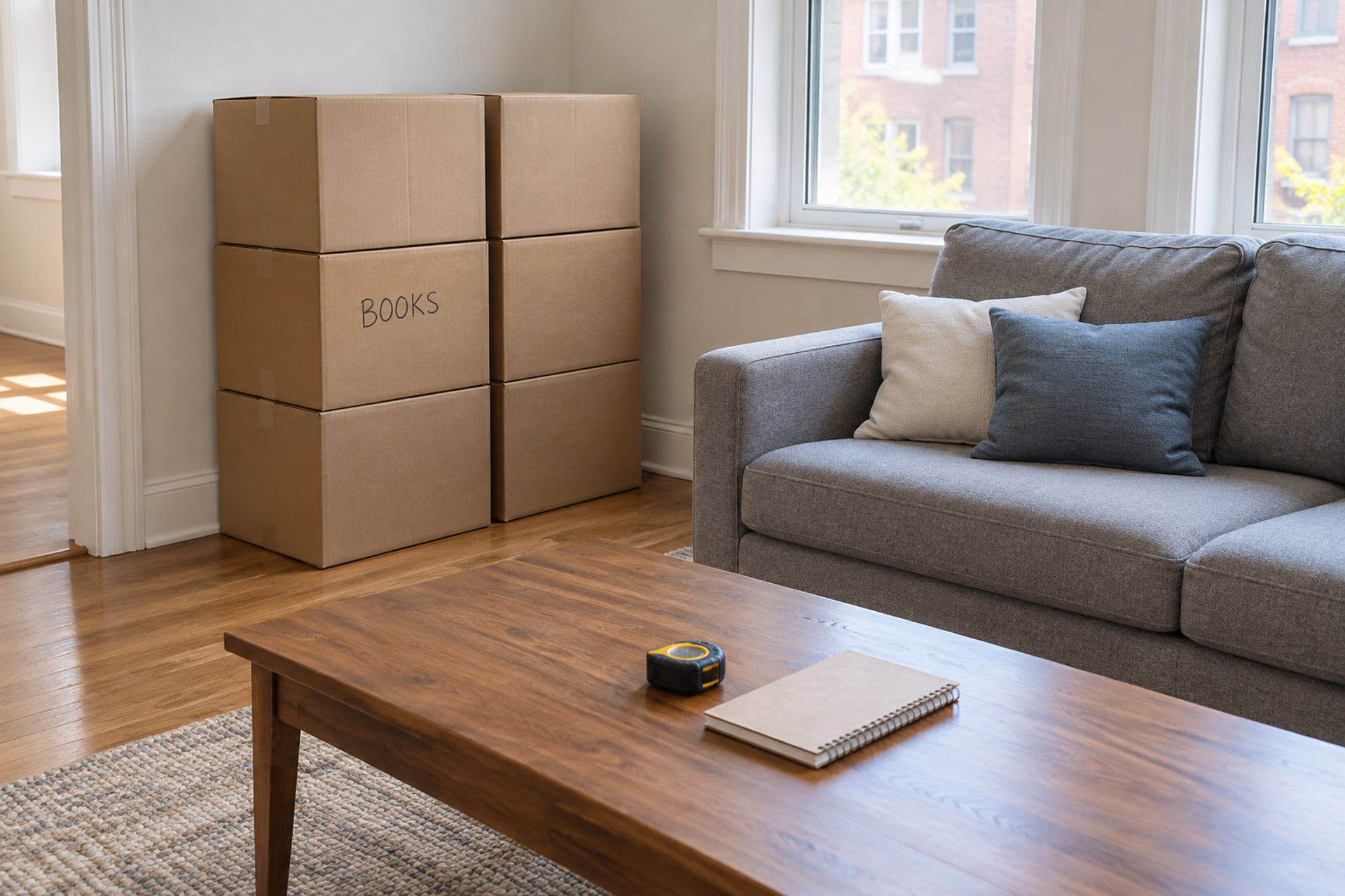 Moving cartons, a notebook and tape measure beside a sofa