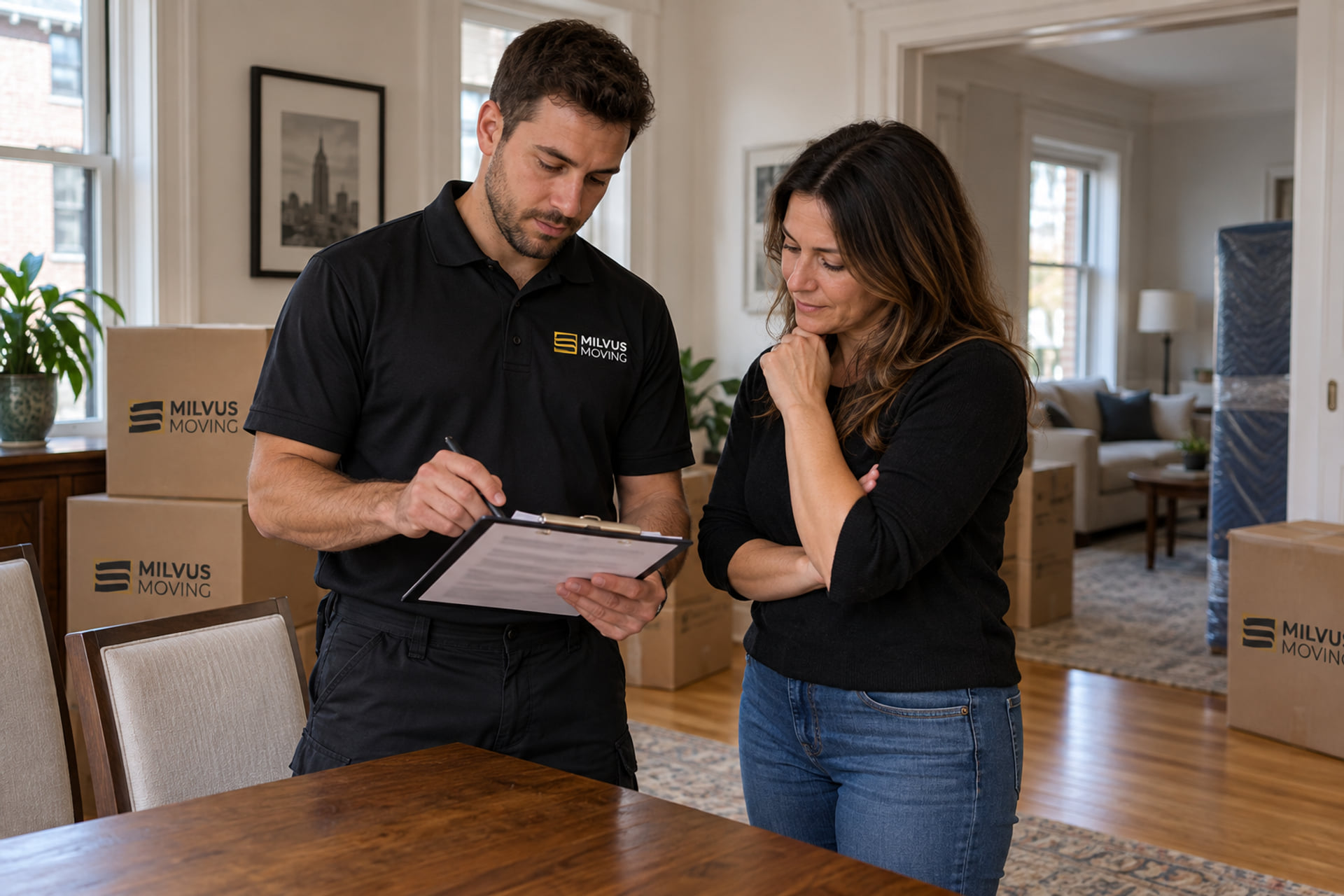 Mover and customer reviewing a clipboard beside household belongings