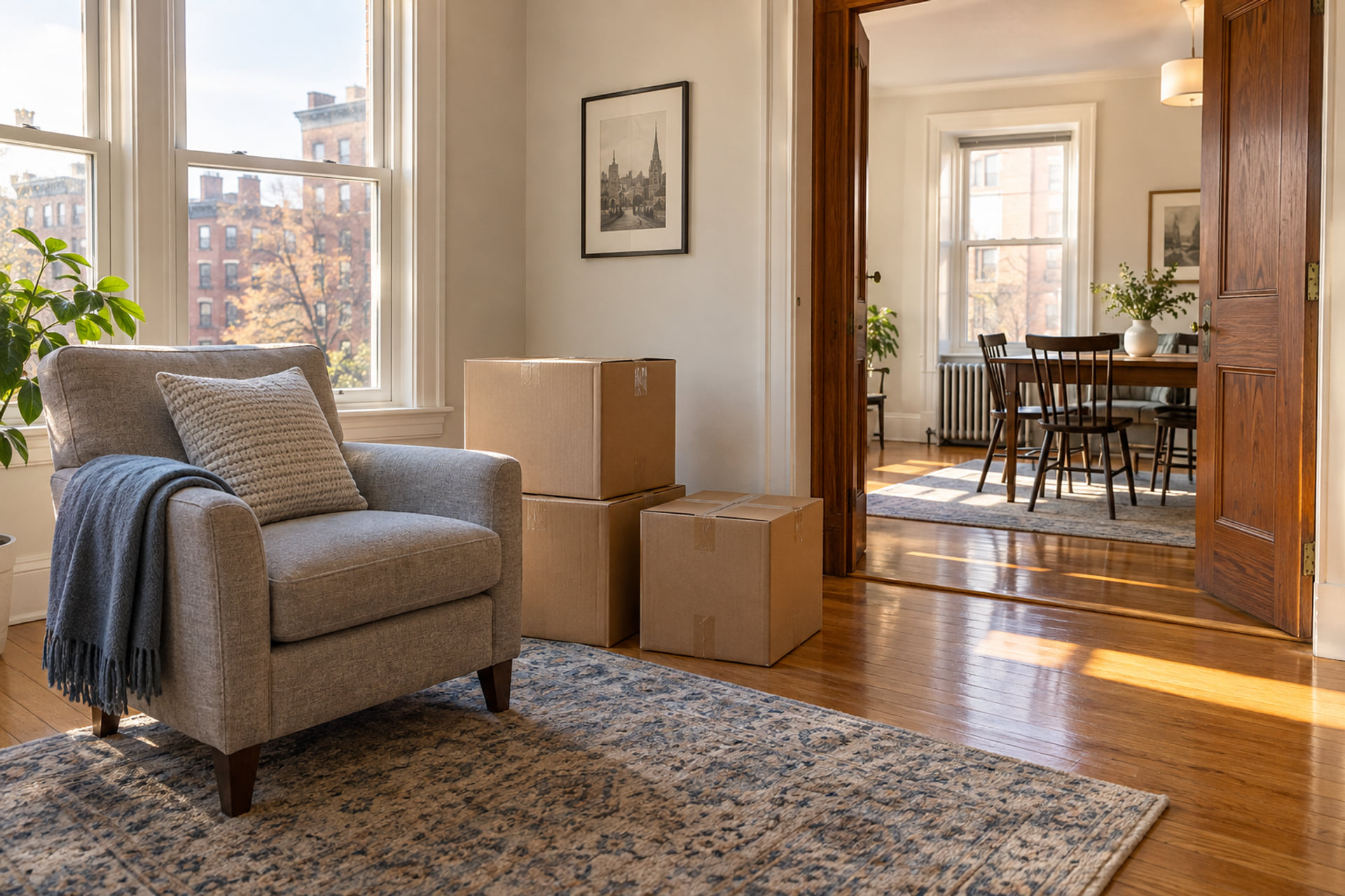 Armchair and sealed cartons in an apartment with a clear interior doorway