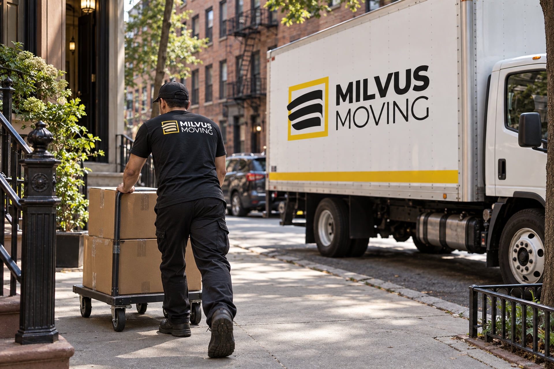 Mover pushing a carton trolley along an urban residential sidewalk