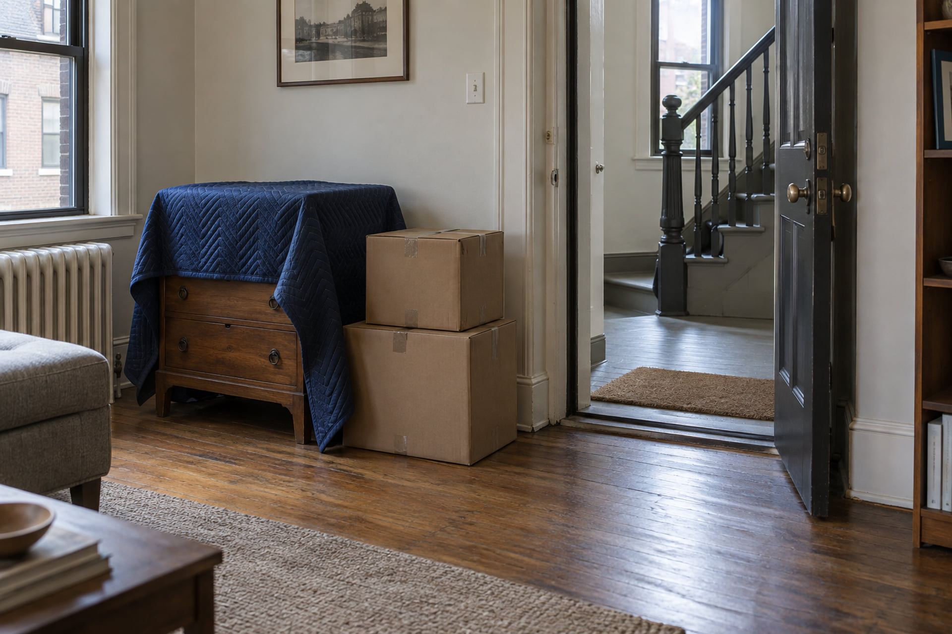 Partly padded chest and cartons beside a doorway to a stairwell
