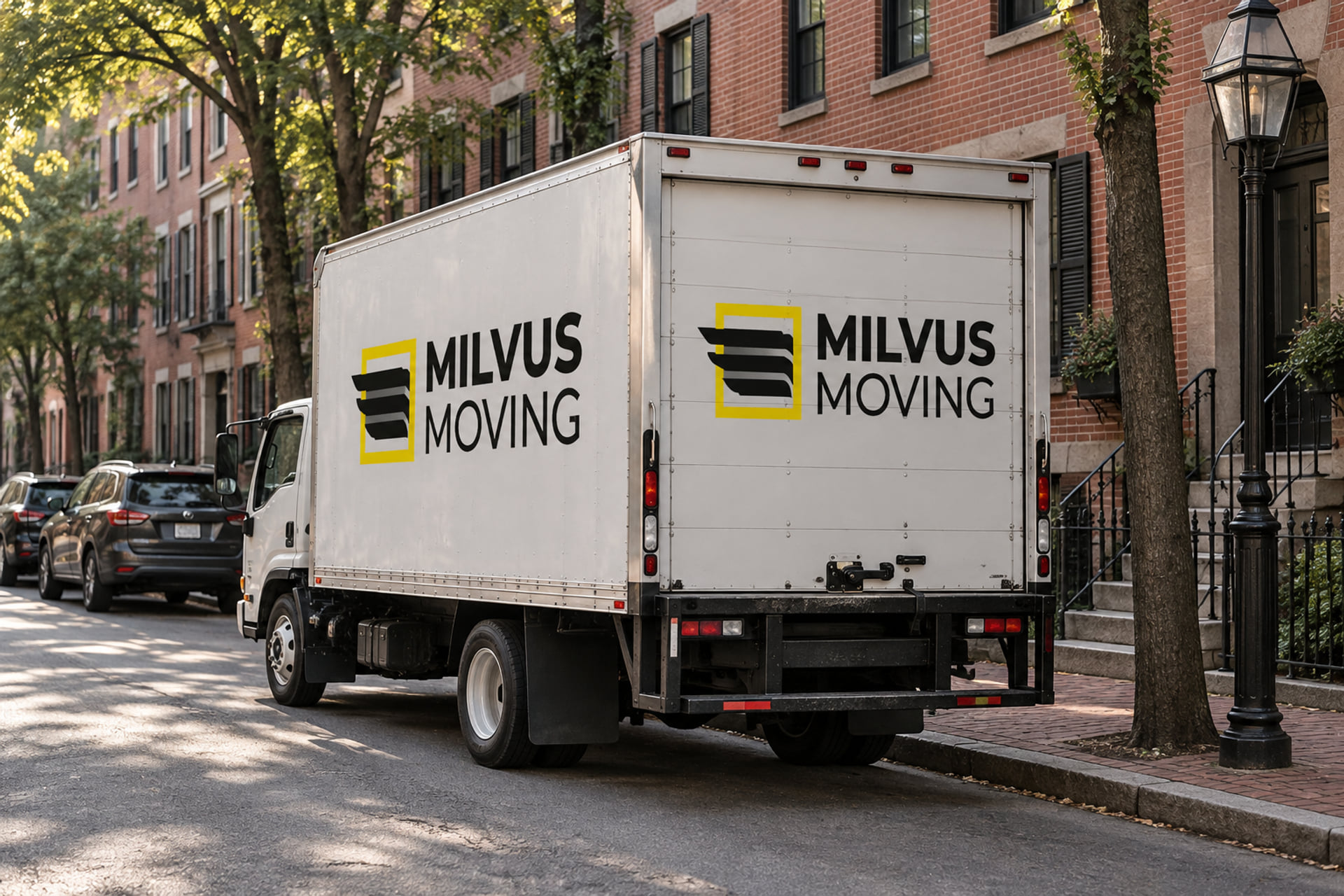 Milvus moving truck parked along a narrow brick residential block