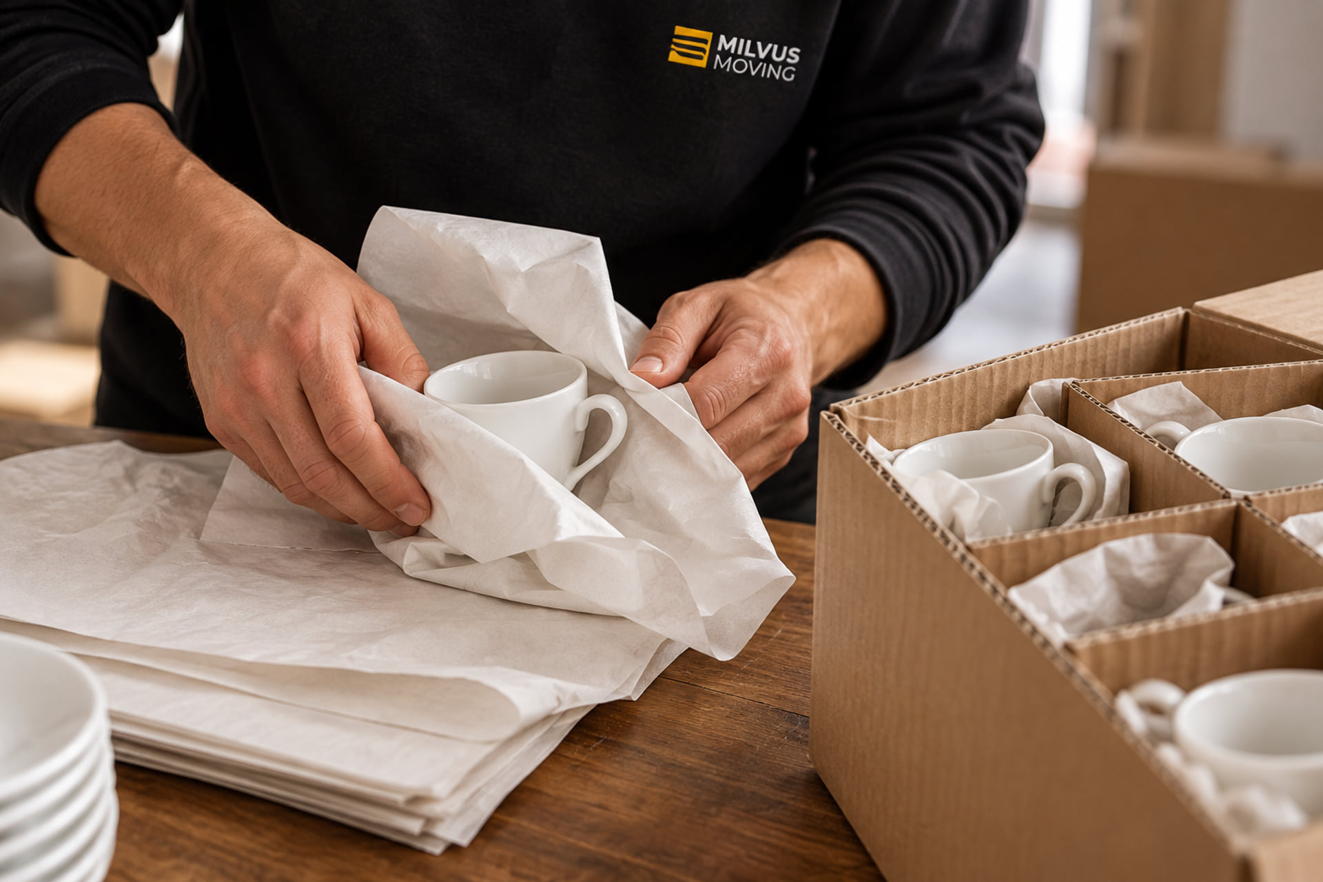 Hands wrapping a cup in paper beside a divided packing carton