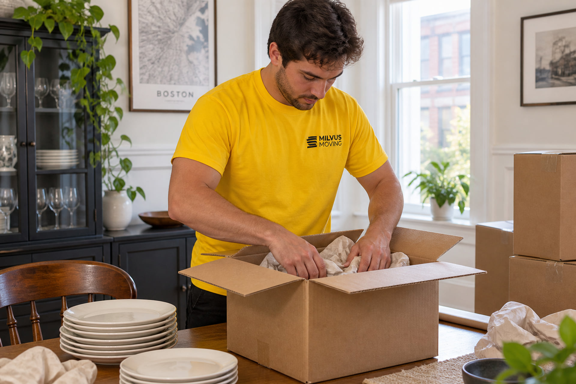 Mover preparing a carton with packing paper at a dining table